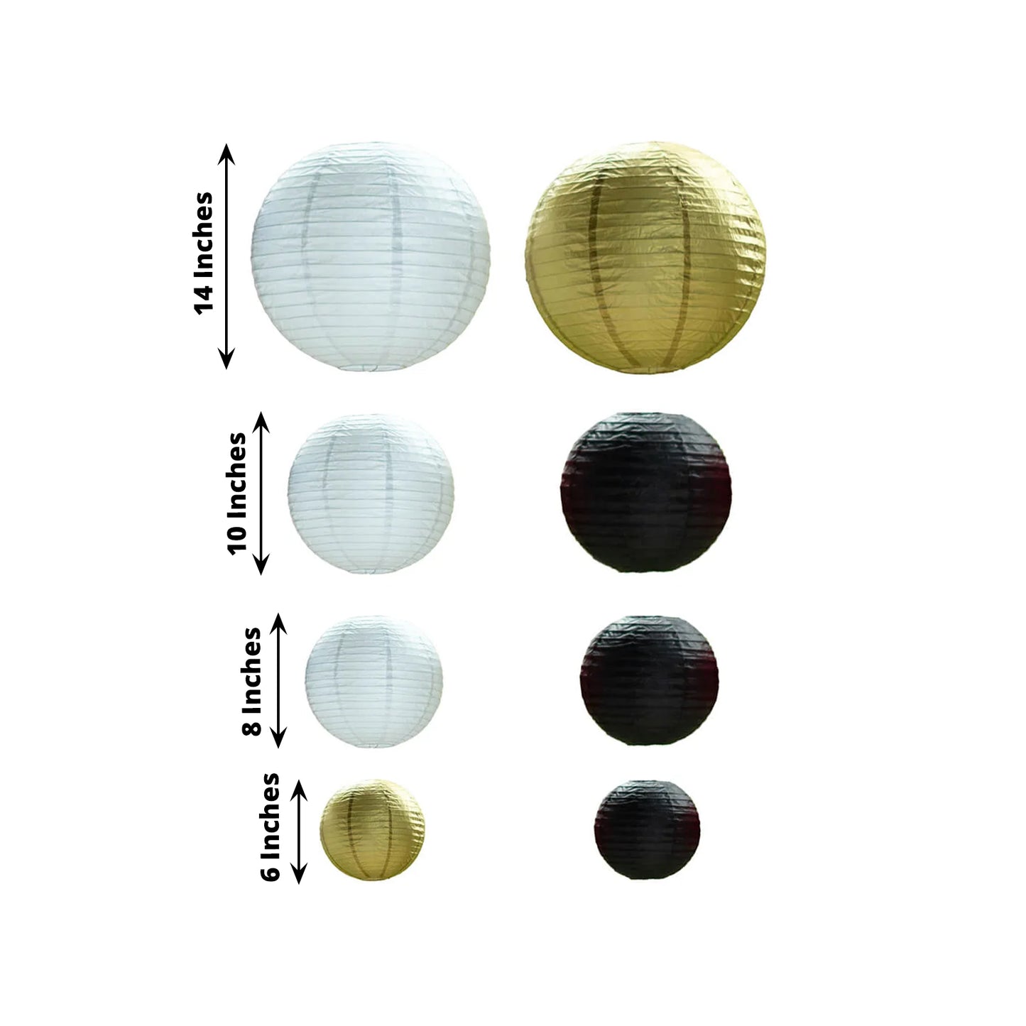 Set of 8 black and gold hanging paper lanterns in assorted sizes.