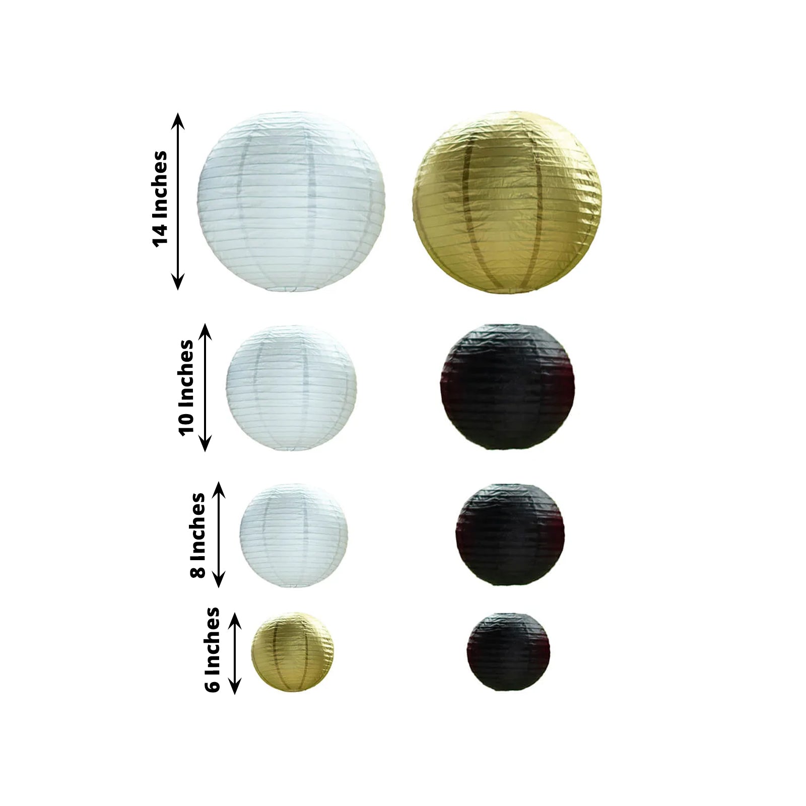 Set of 8 black and gold hanging paper lanterns in assorted sizes.
