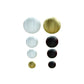 Set of 8 black and gold decorative hanging paper lanterns in assorted sizes.
