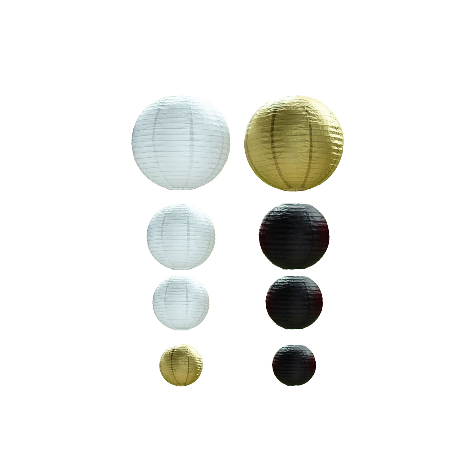 Set of 8 black and gold decorative hanging paper lanterns in assorted sizes.