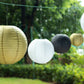 Set of 8 black and gold hanging paper lanterns in various sizes.
