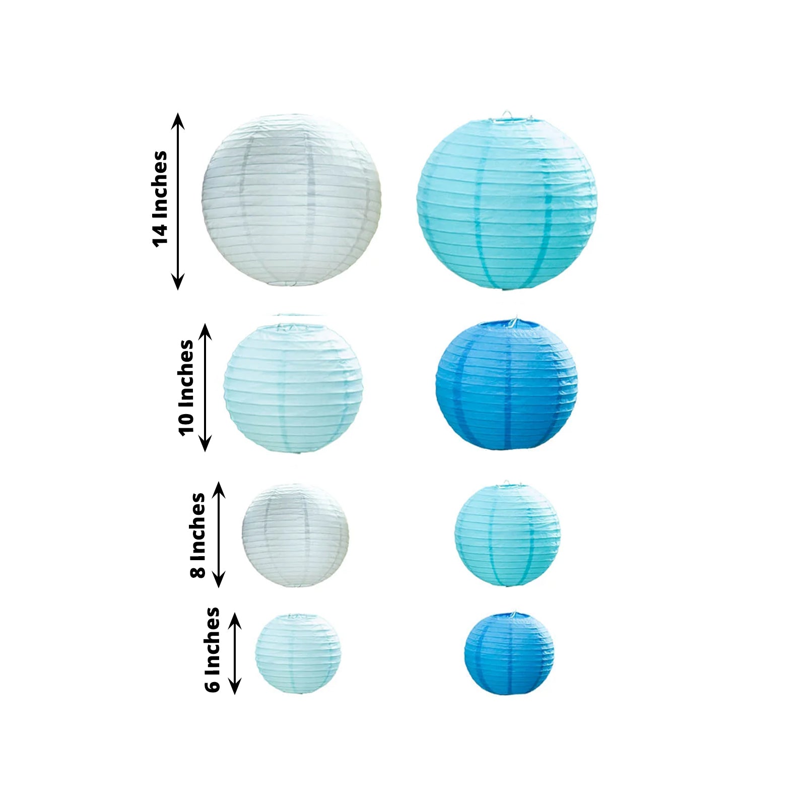 Set of 8 blue and white hanging paper lanterns in assorted sizes.