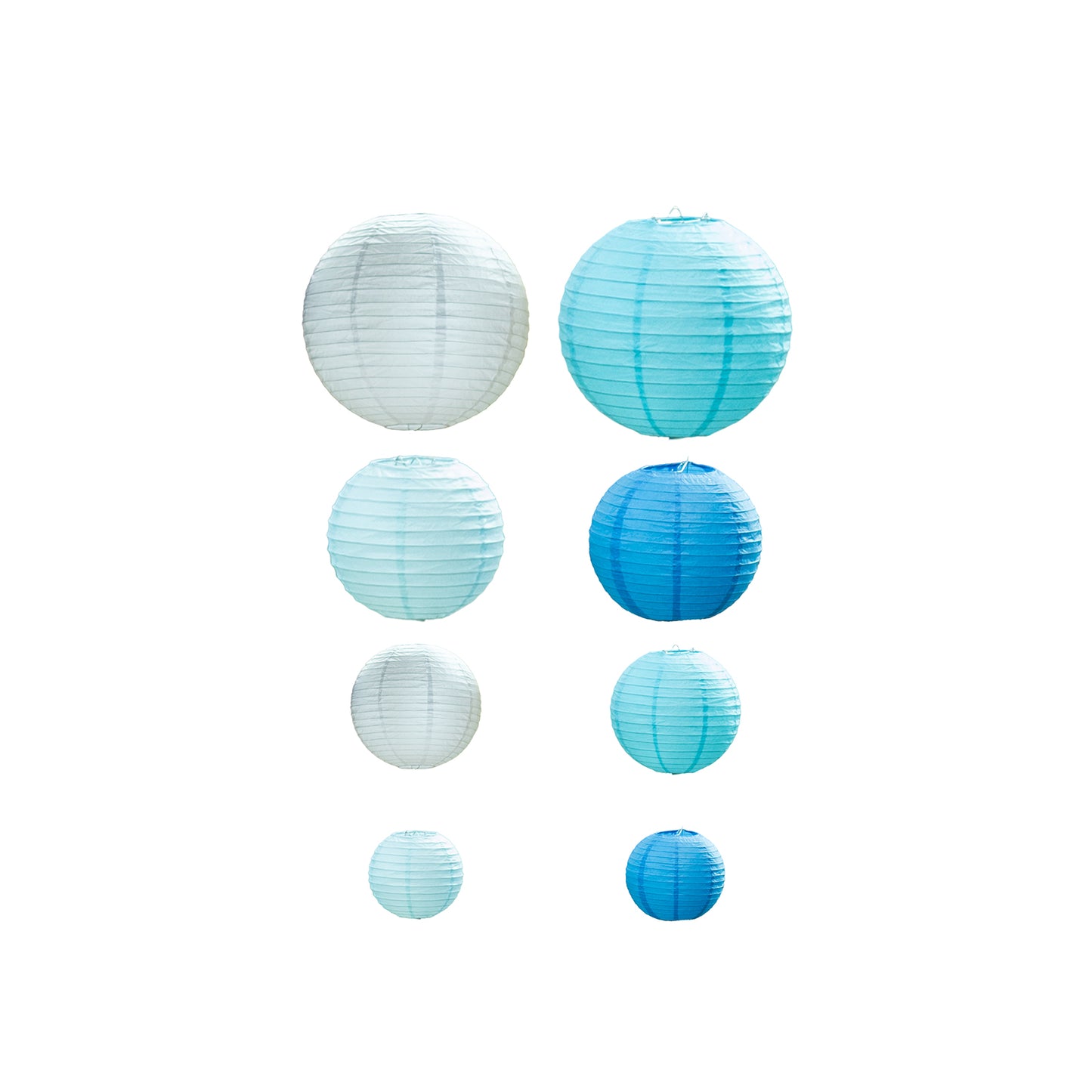 Set of 8 blue and white hanging paper lanterns in assorted sizes.