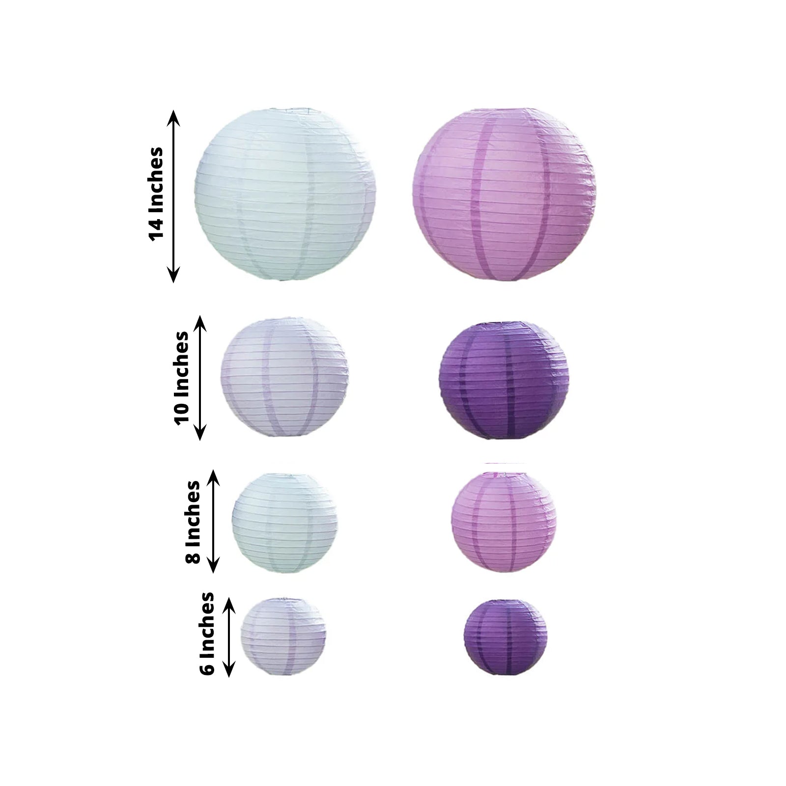 Set of 8 purple and white hanging paper lanterns in assorted sizes.