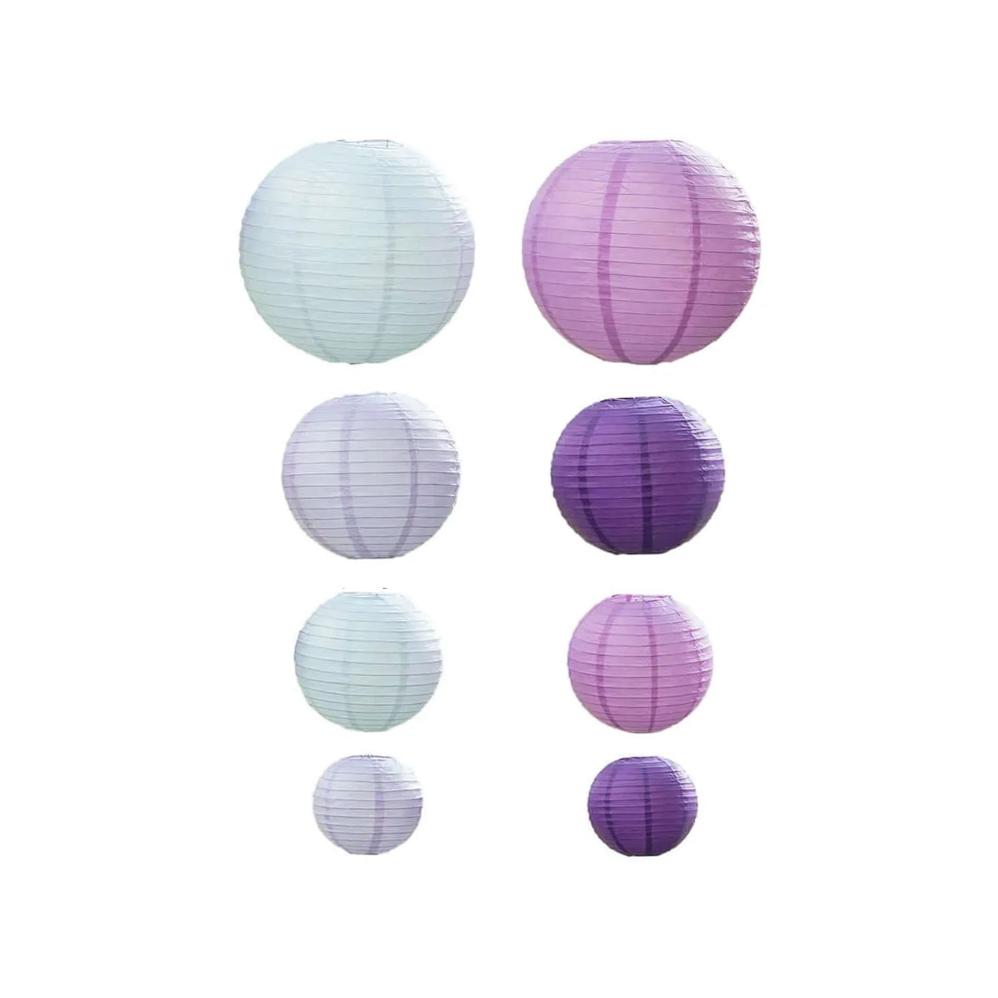 Set of 8 purple and white hanging paper lanterns in assorted sizes.