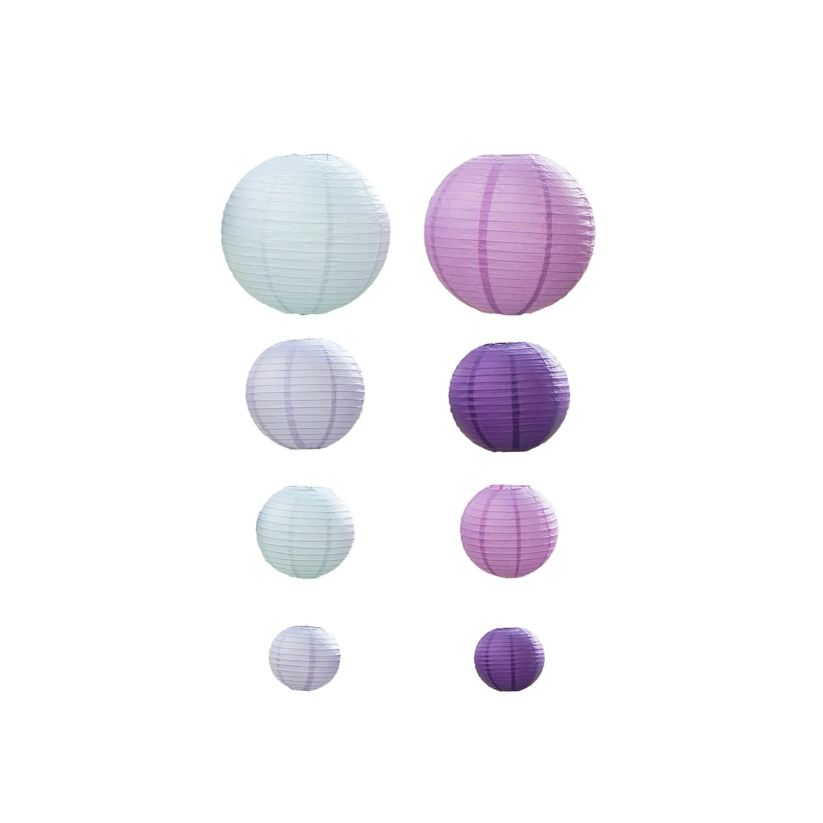 Set of 8 purple and white hanging paper lanterns in assorted sizes.