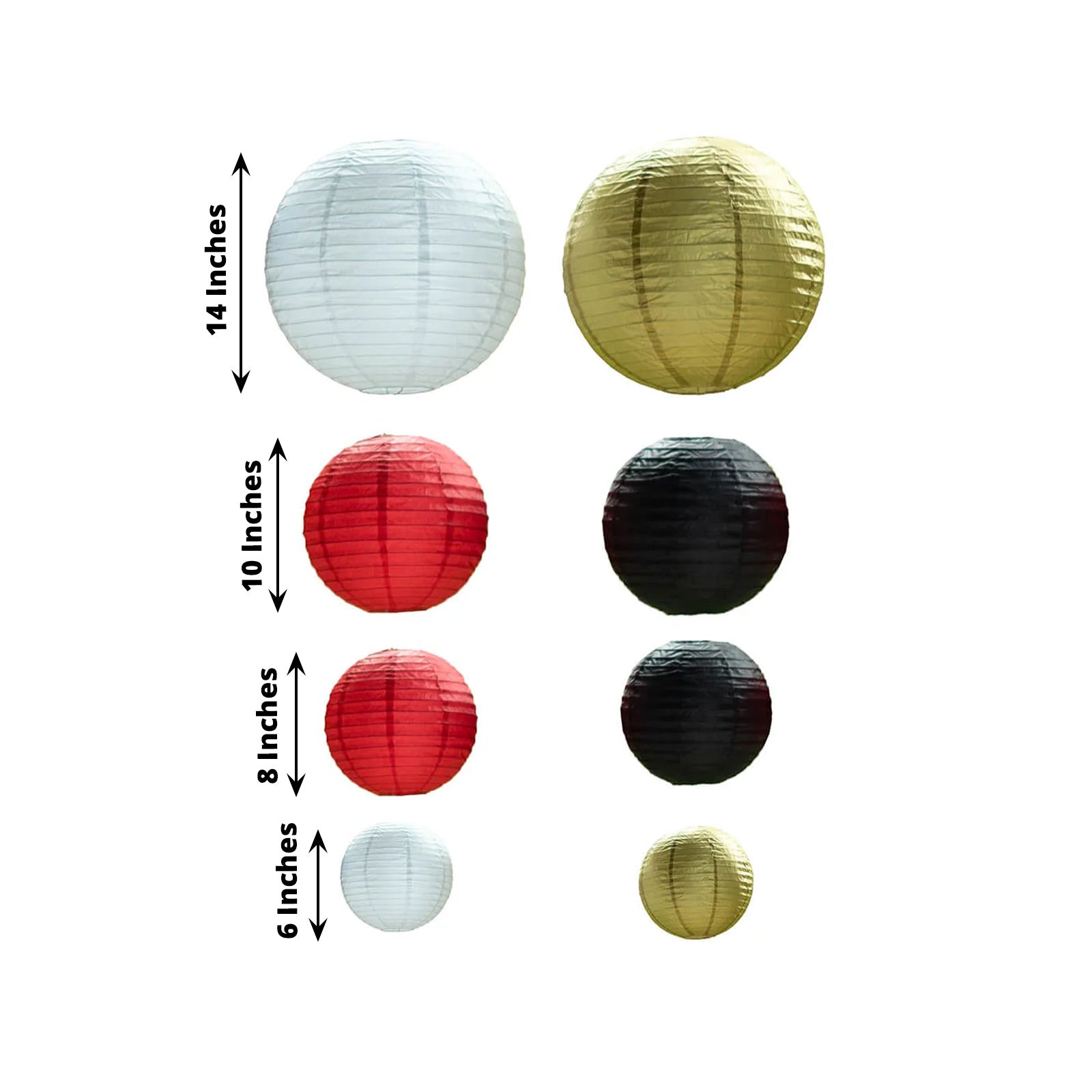 Set of 8 red and gold hanging paper lanterns in assorted sizes.