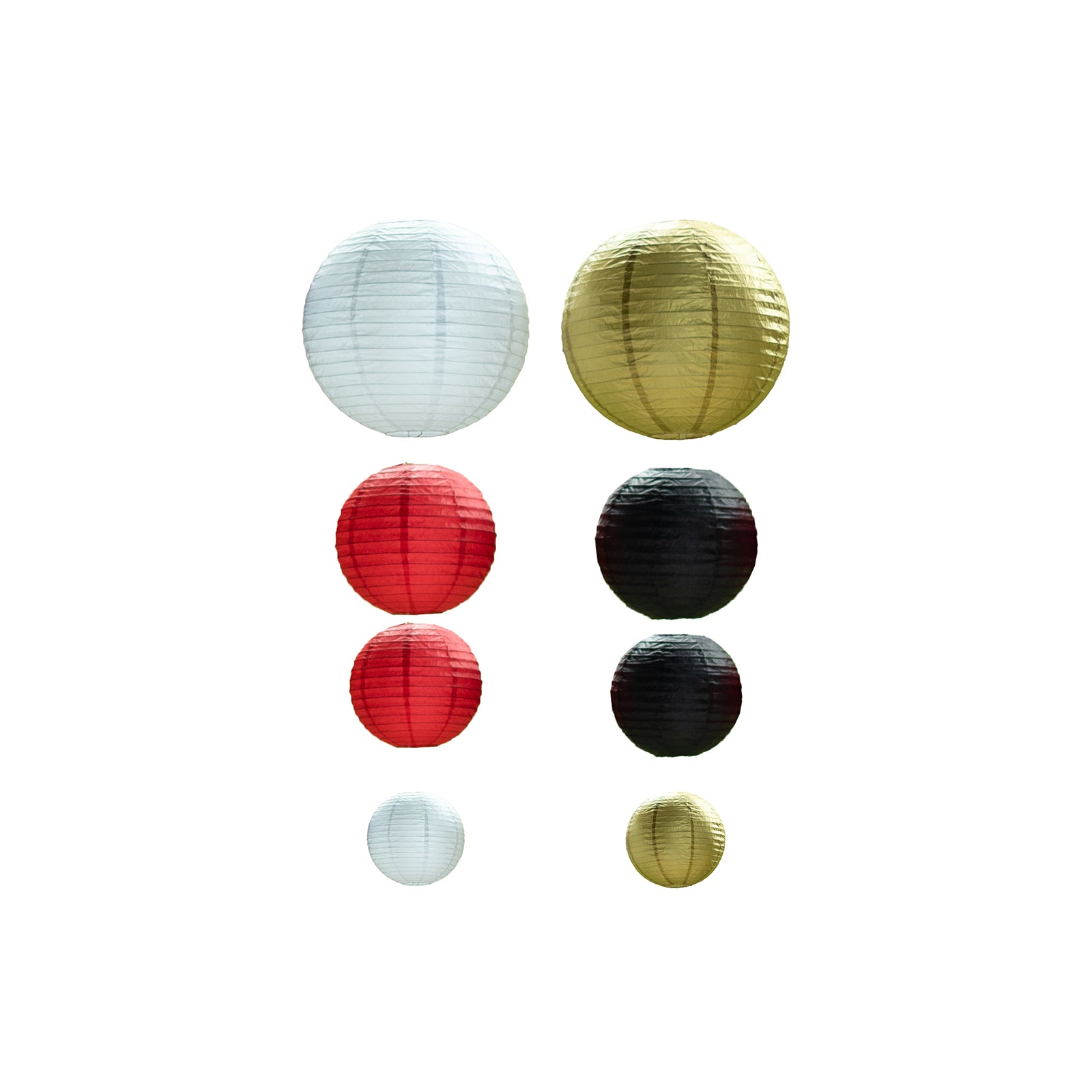 Set of 8 mixed red and gold hanging paper lanterns in assorted sizes.