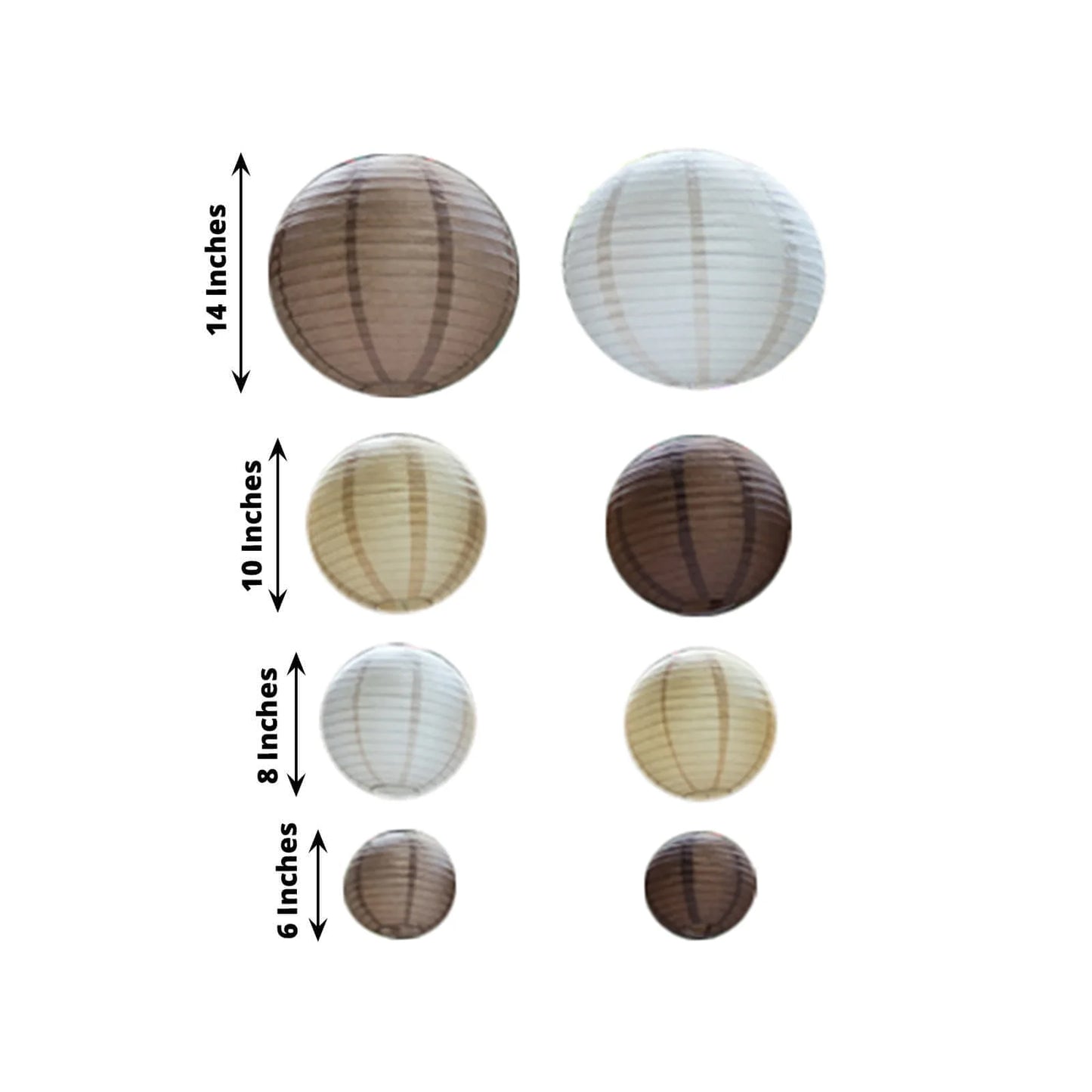 Natural brown paper lanterns in assorted sizes: 6", 8", 10", 14".