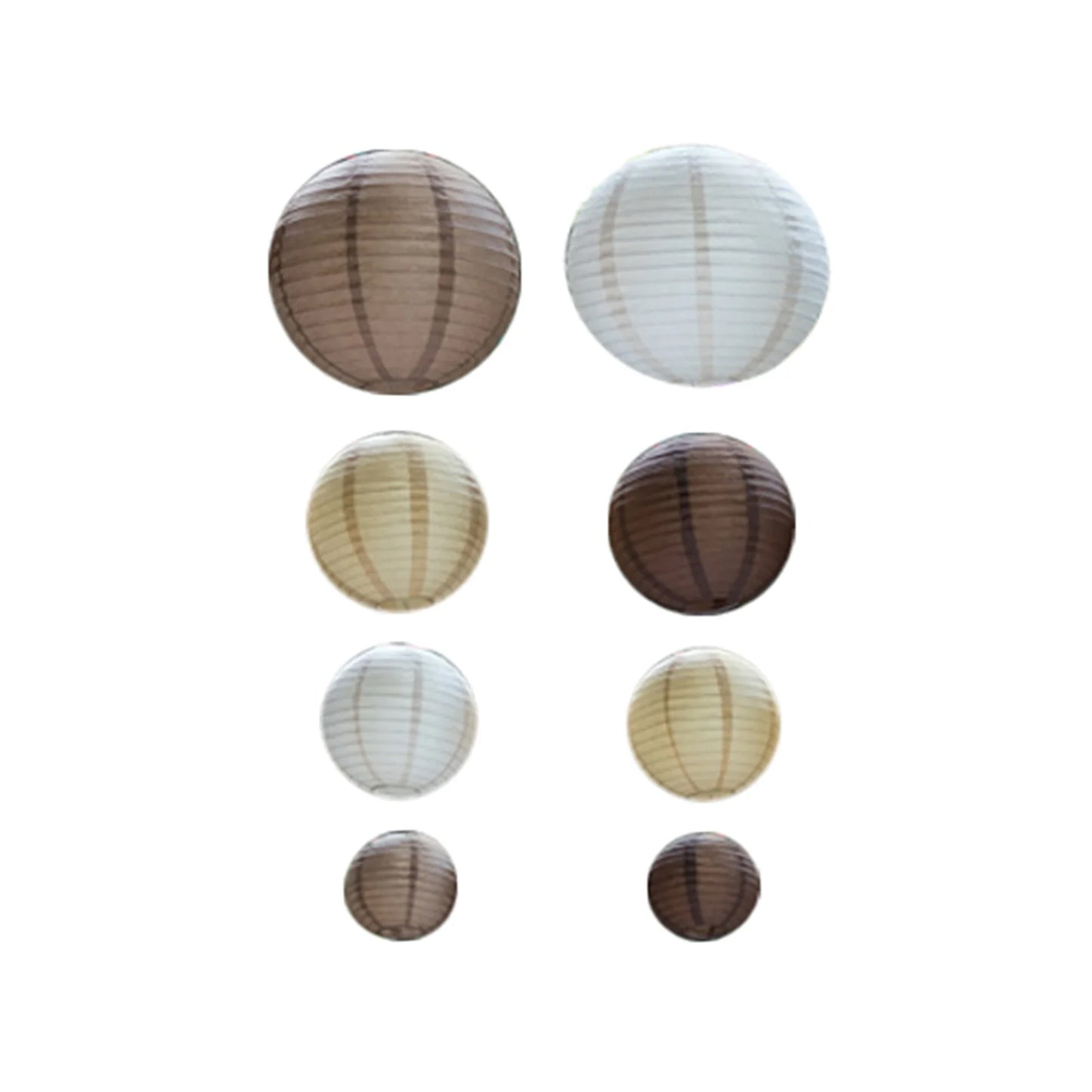 Natural brown hanging paper lanterns in assorted sizes.