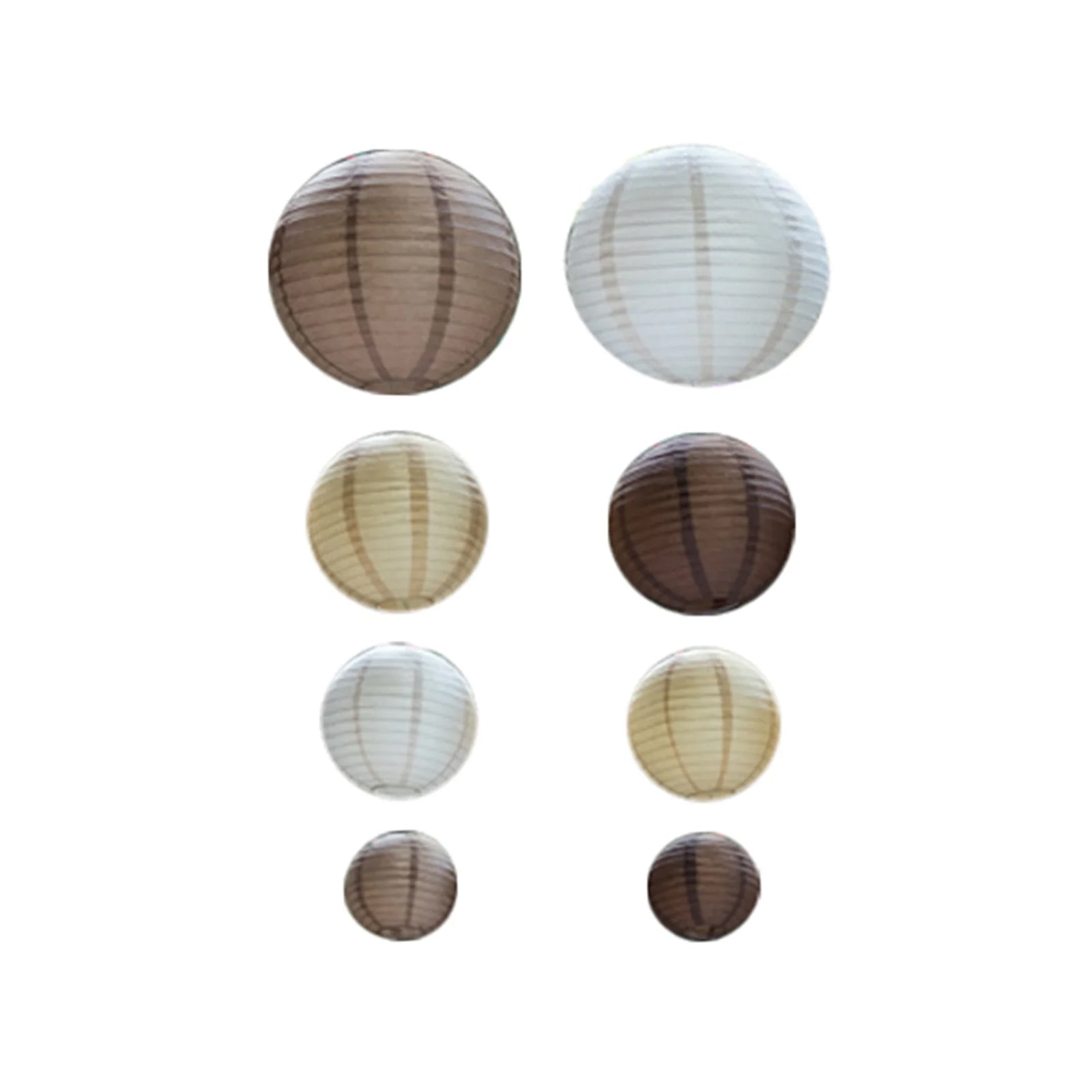 Natural brown hanging paper lanterns in assorted sizes.