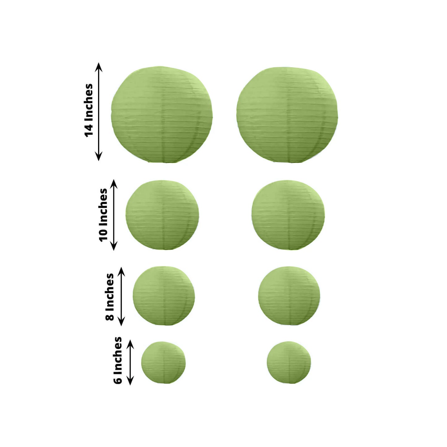 Set of 8 Sage Green Hanging Paper Lanterns, Decorative Round Chinese Sky Lanterns, Assorted Sizes  - 6",8",10",14"