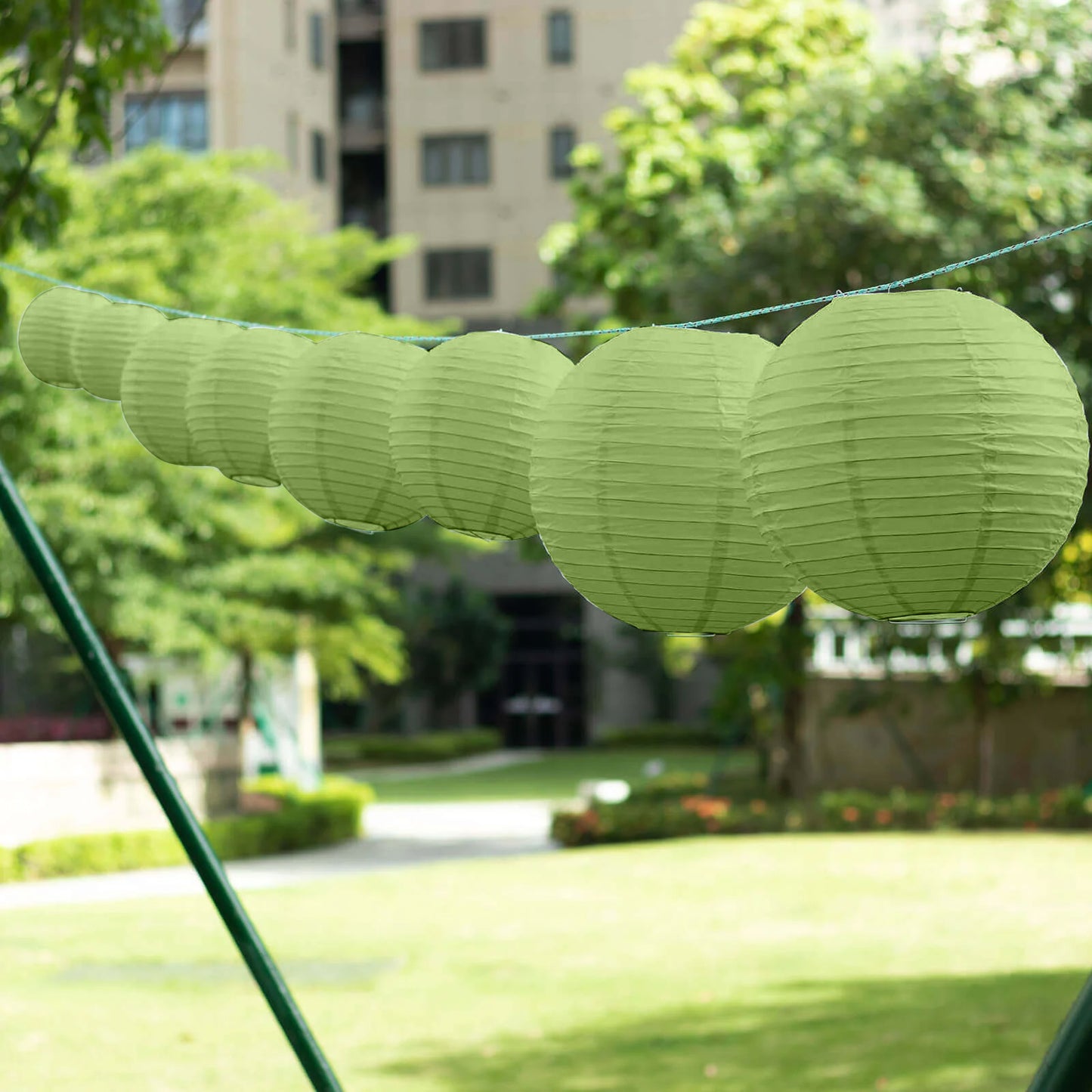 Set of 8 Sage Green Hanging Paper Lanterns, Decorative Round Chinese Sky Lanterns, Assorted Sizes  - 6",8",10",14"