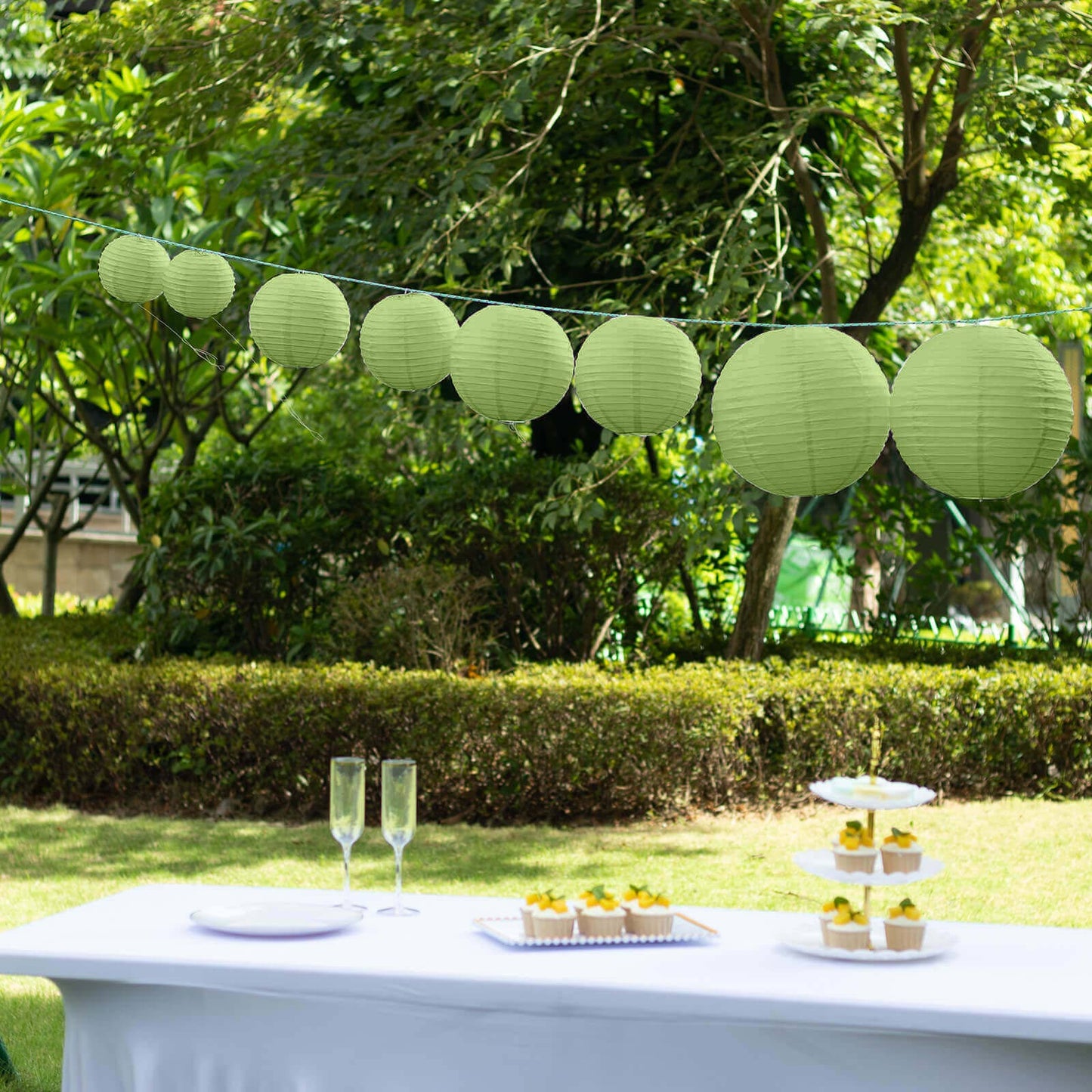 Set of 8 Sage Green Hanging Paper Lanterns, Decorative Round Chinese Sky Lanterns, Assorted Sizes  - 6",8",10",14"