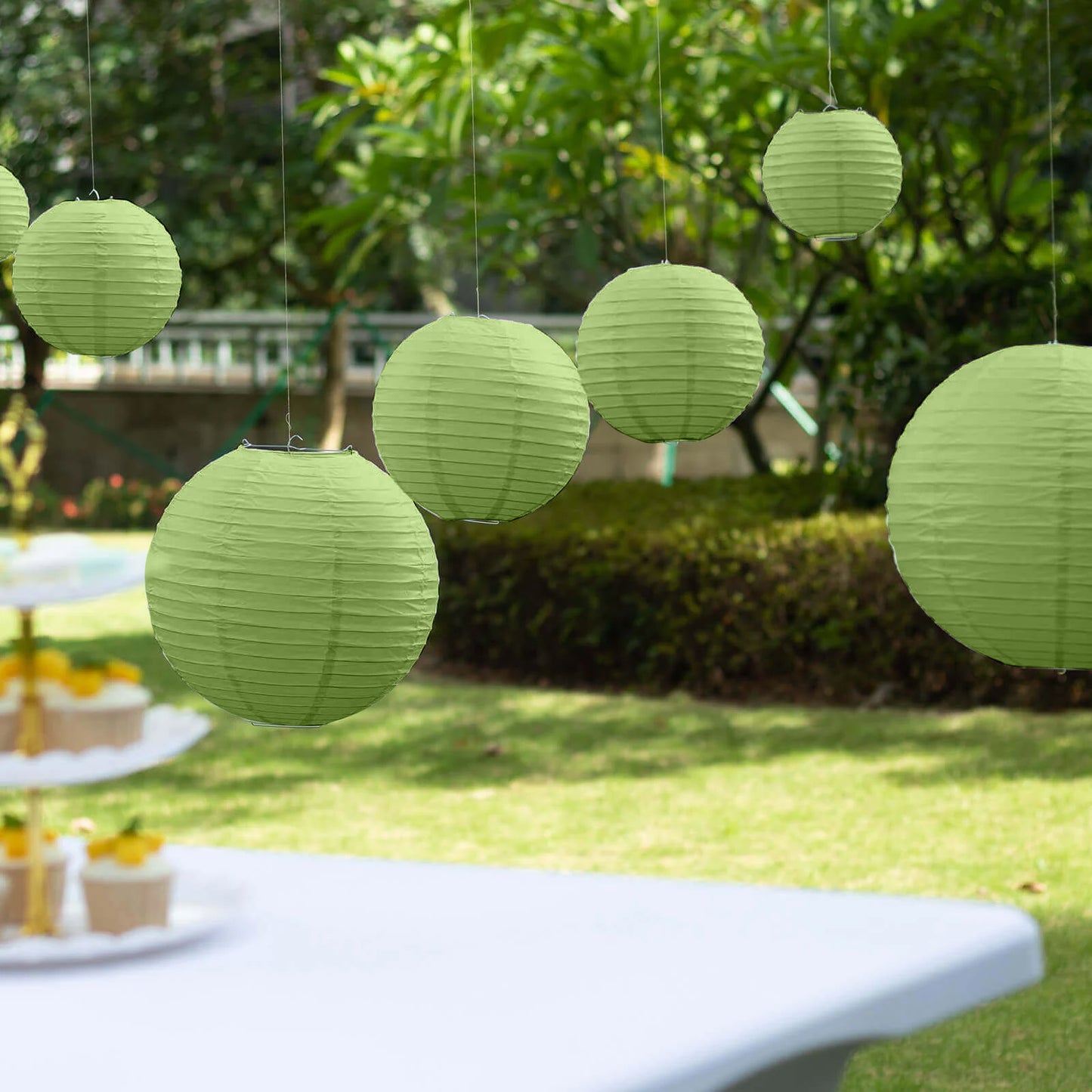 Set of 8 Sage Green Hanging Paper Lanterns, Decorative Round Chinese Sky Lanterns, Assorted Sizes  - 6",8",10",14"