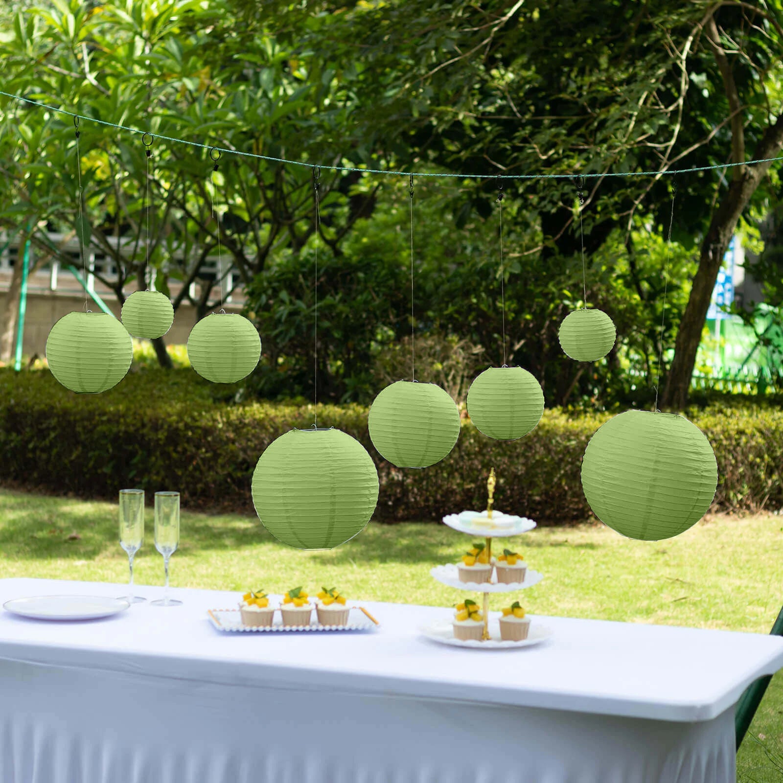 8-pk 6-14in Sage Green Hanging Paper Lanterns | TCFLinen