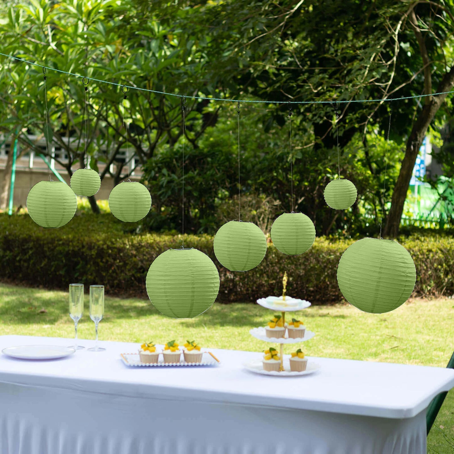 Set of 8 Sage Green Hanging Paper Lanterns, Decorative Round Chinese Sky Lanterns, Assorted Sizes  - 6",8",10",14"