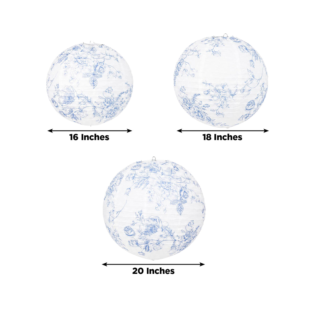 Set of 3 Hanging Paper Lanterns, 16", 18", 20" - French Toile White with Blue Floral Decorative Lamp