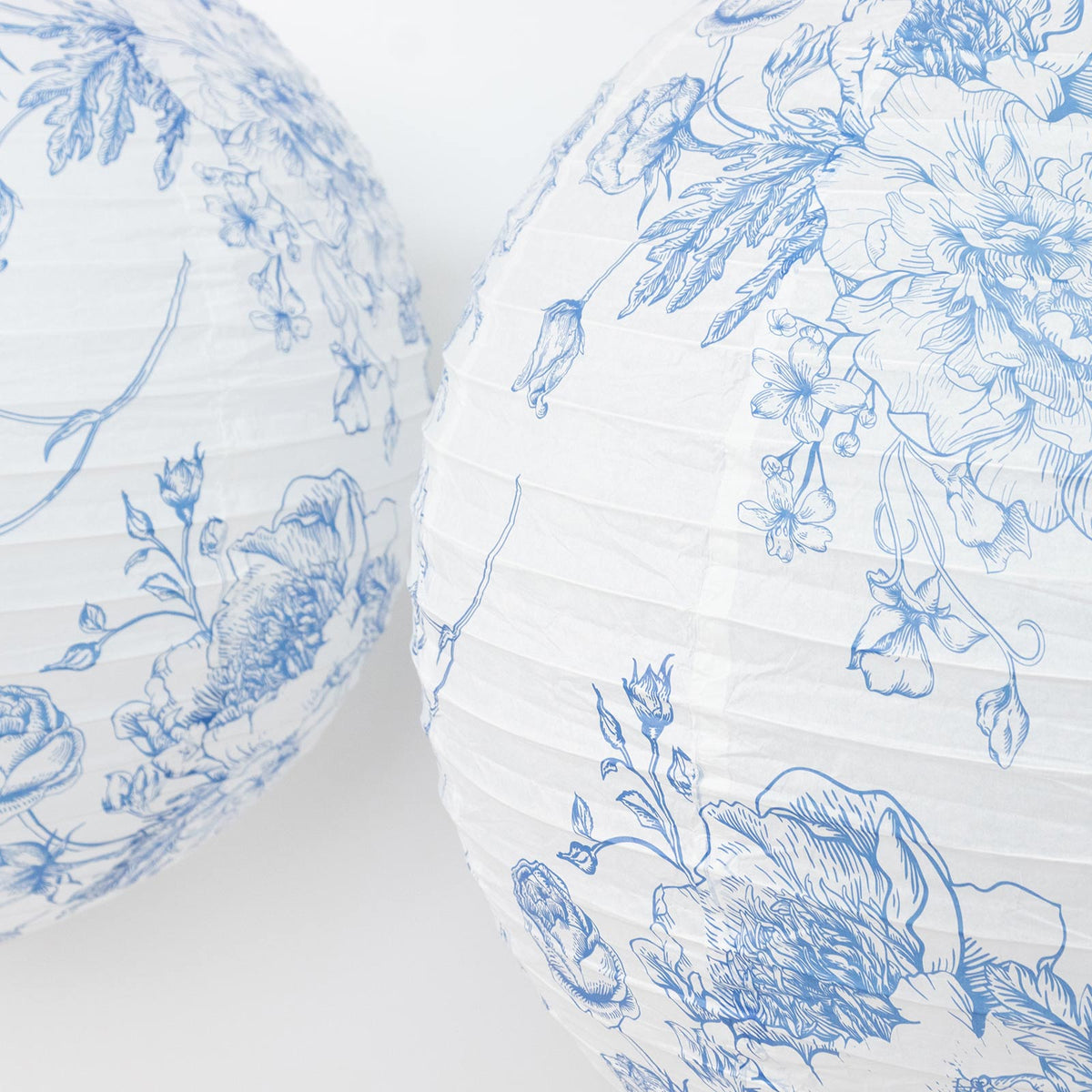 Set of 3 Hanging Paper Lanterns, 16", 18", 20" - French Toile White with Blue Floral Decorative Lamp
