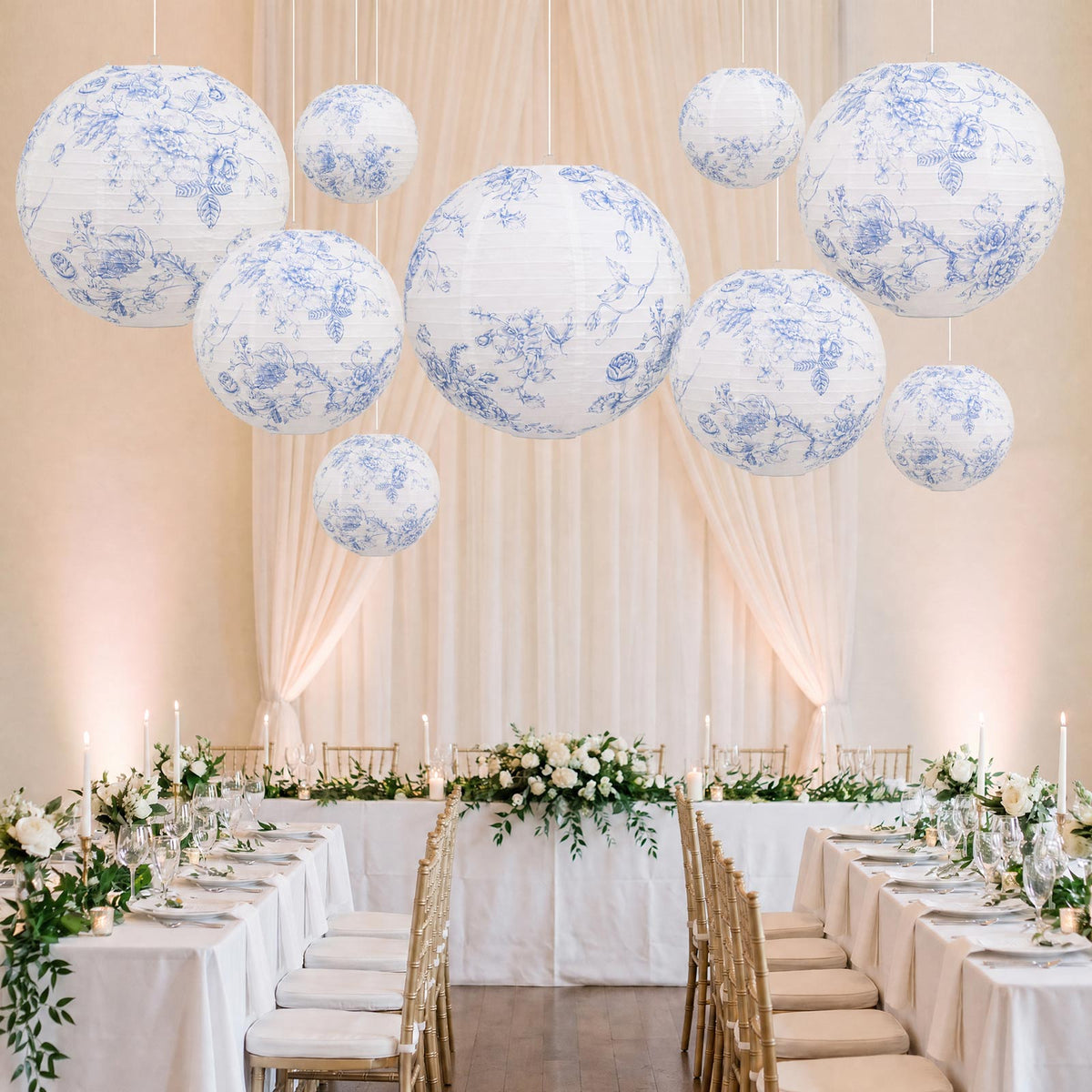 Set of 3 Hanging Paper Lanterns, 16", 18", 20" - French Toile White with Blue Floral Decorative Lamp