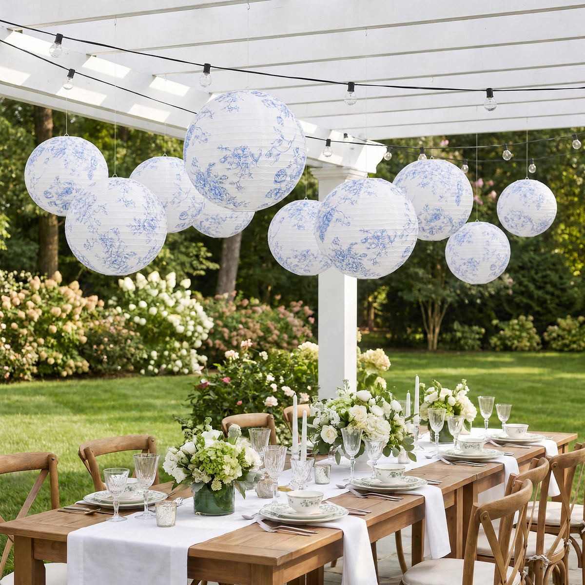 Set of 3 Hanging Paper Lanterns, 16", 18", 20" - French Toile White with Blue Floral Decorative Lamp
