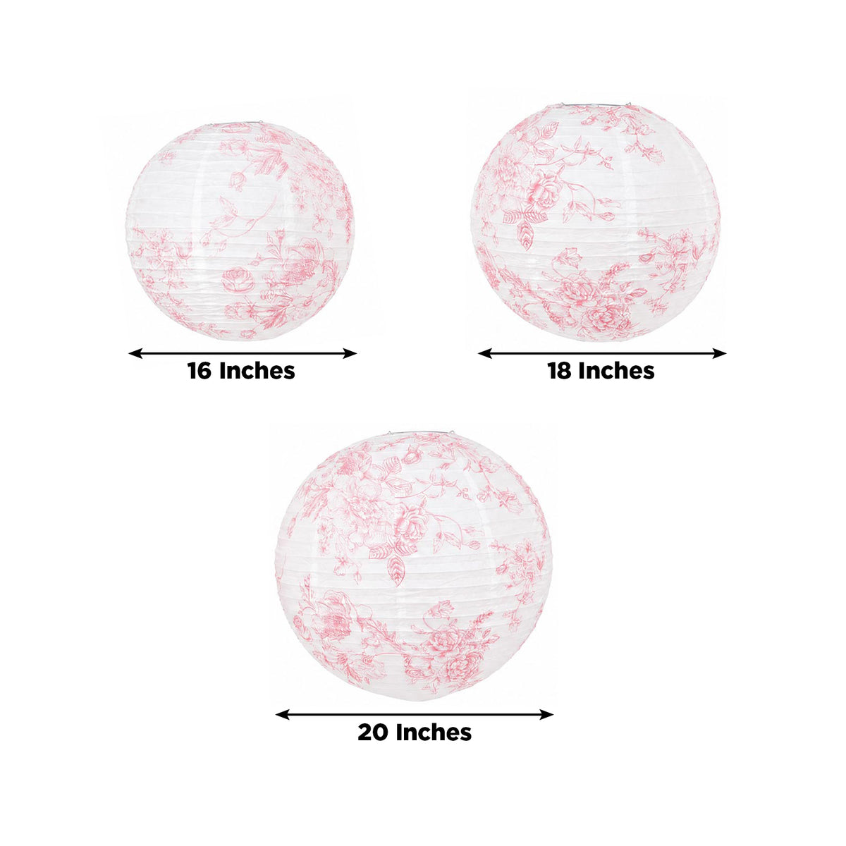 Set of 3 Hanging Paper Lanterns, 16", 18", 20" - French Toile White with Pink Floral Decorative Lamp