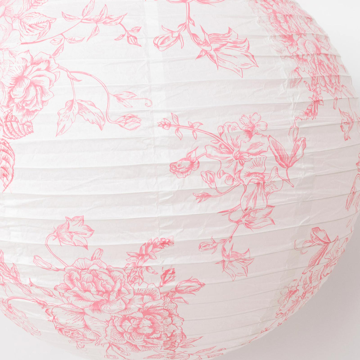 Set of 3 Hanging Paper Lanterns, 16", 18", 20" - French Toile White with Pink Floral Decorative Lamp