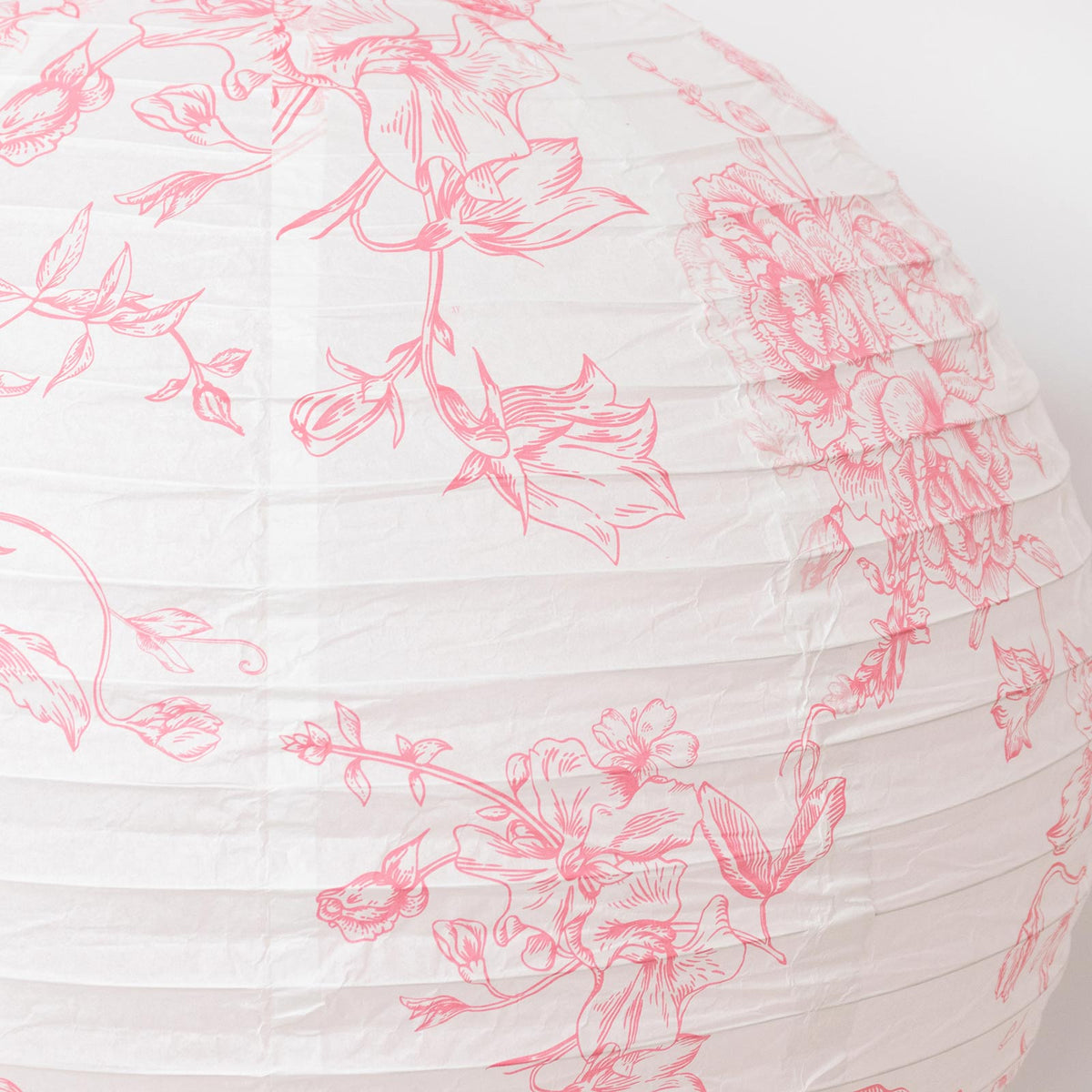Set of 3 Hanging Paper Lanterns, 16", 18", 20" - French Toile White with Pink Floral Decorative Lamp