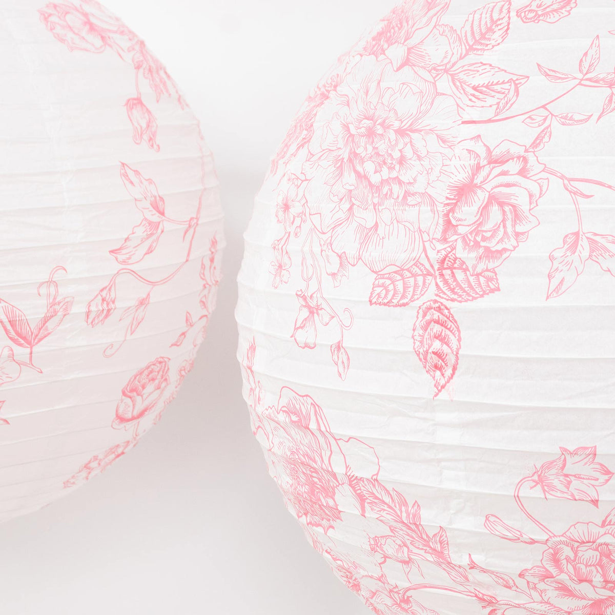 Set of 3 Hanging Paper Lanterns, 16", 18", 20" - French Toile White with Pink Floral Decorative Lamp