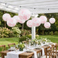Set of 3 Hanging Paper Lanterns, 16", 18", 20" - French Toile White with Pink Floral Decorative Lamp