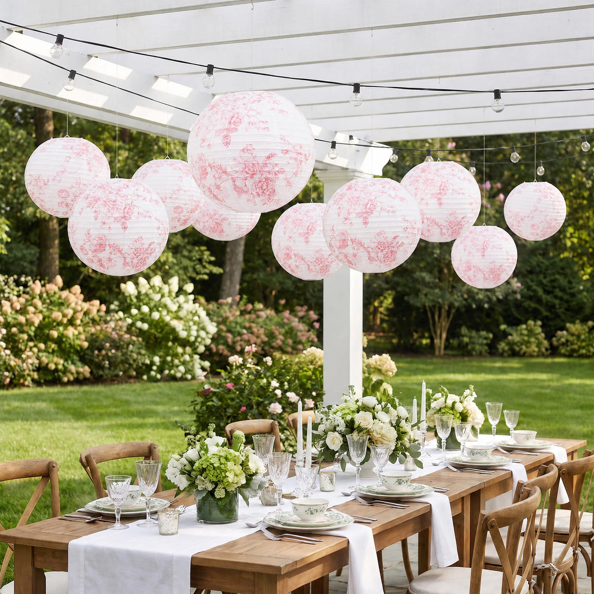 Set of 3 Hanging Paper Lanterns, 16", 18", 20" - French Toile White with Pink Floral Decorative Lamp