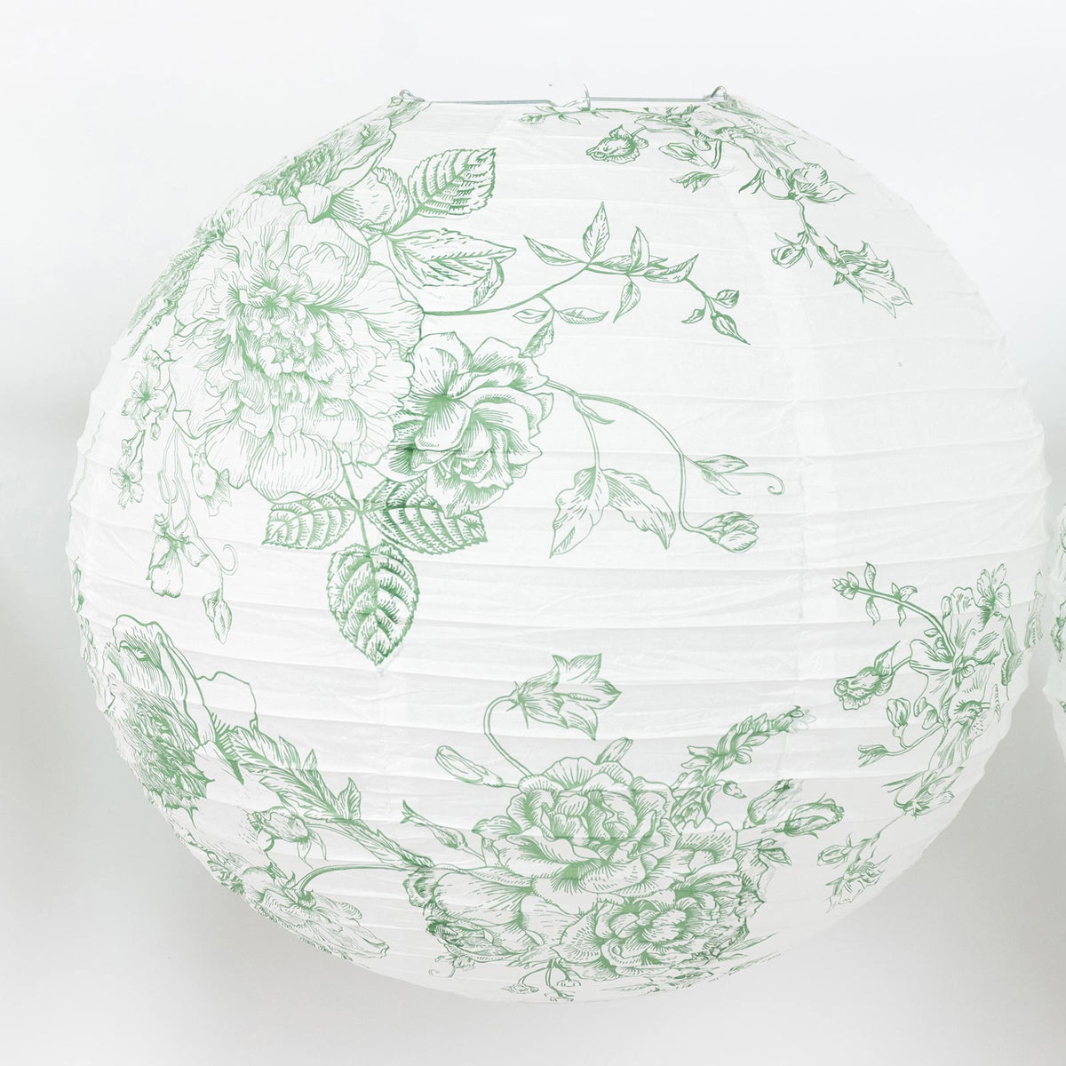 Set of 3 Hanging Paper Lanterns, 16", 18", 20" - French Toile White with Sage Green Floral Decorativ