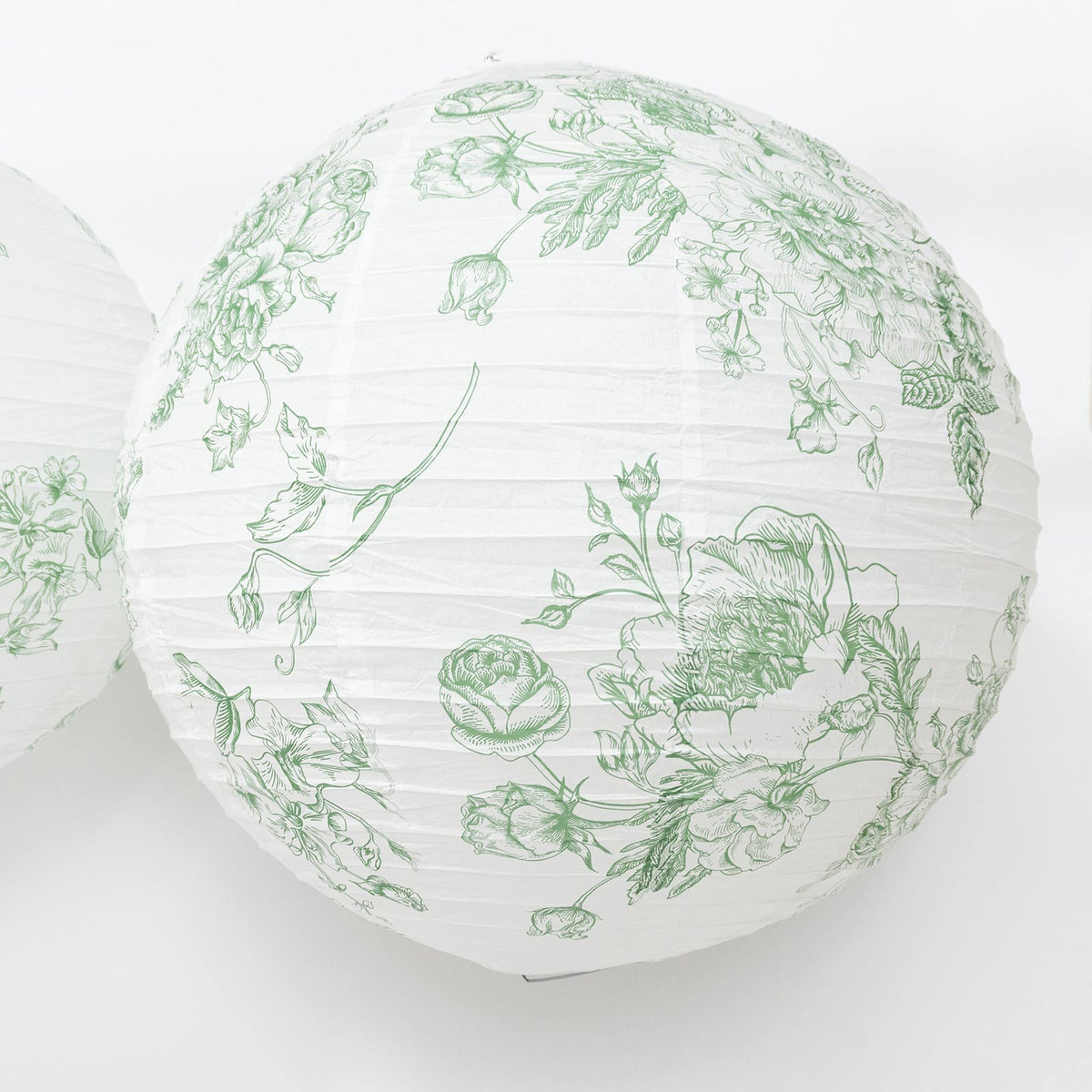 Set of 3 Hanging Paper Lanterns, 16", 18", 20" - French Toile White with Sage Green Floral Decorativ