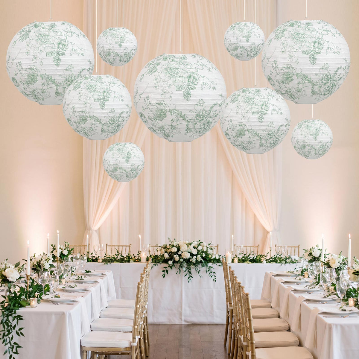 Set of 3 Hanging Paper Lanterns, 16", 18", 20" - French Toile White with Sage Green Floral Decorativ