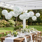 Set of 3 Hanging Paper Lanterns, 16", 18", 20" - French Toile White with Sage Green Floral Decorativ