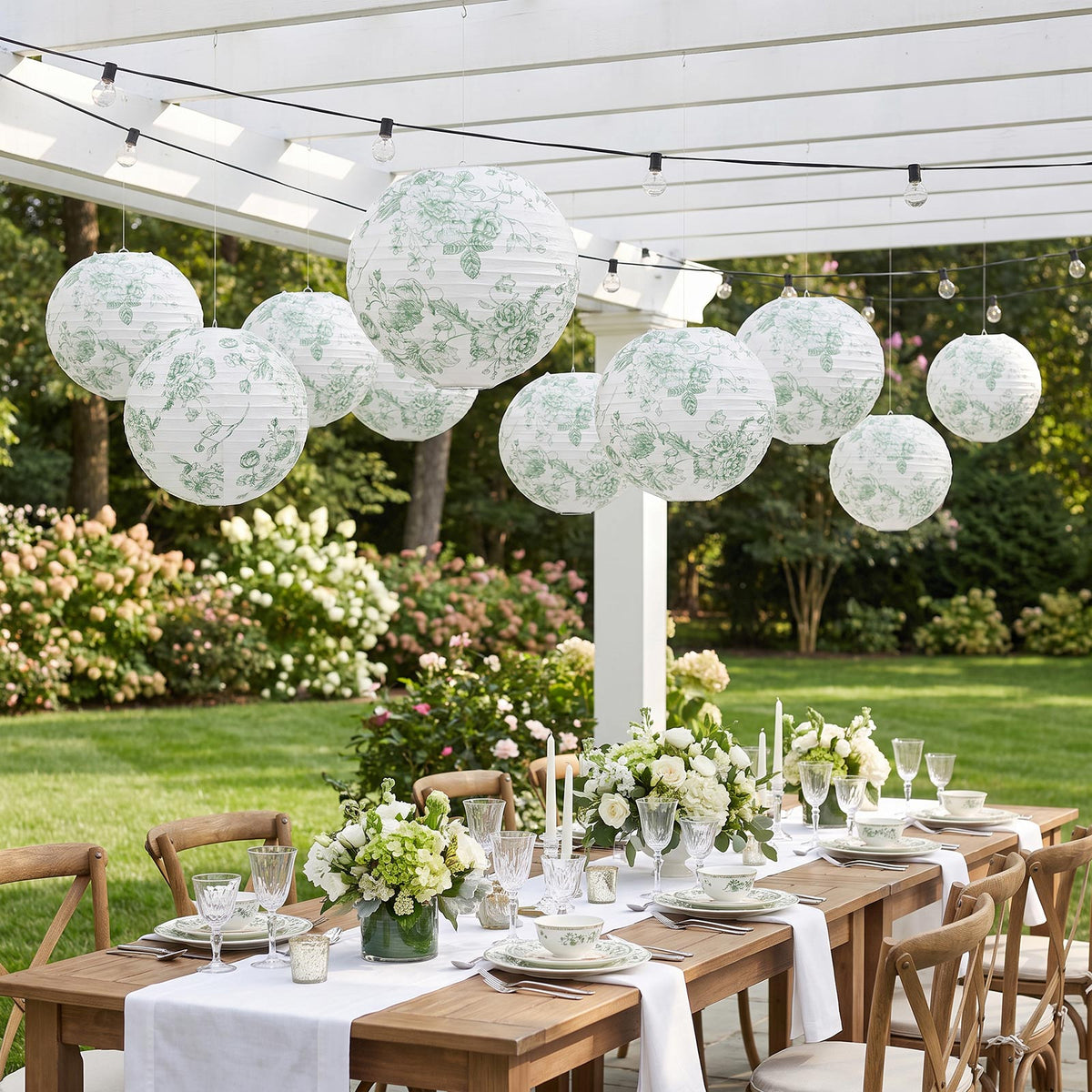 Set of 3 Hanging Paper Lanterns, 16", 18", 20" - French Toile White with Sage Green Floral Decorativ