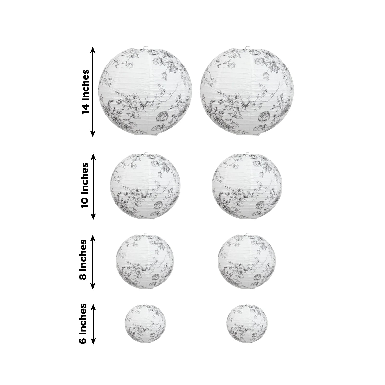 White paper lanterns with black floral pattern, set of 8 in various sizes.
