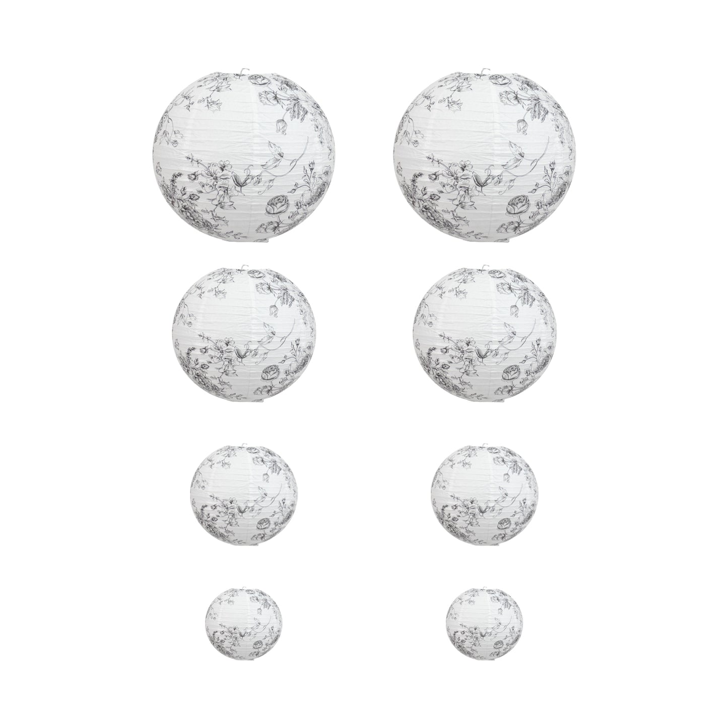 White paper lanterns with black floral pattern, set of 8 decorative hanging lanterns.