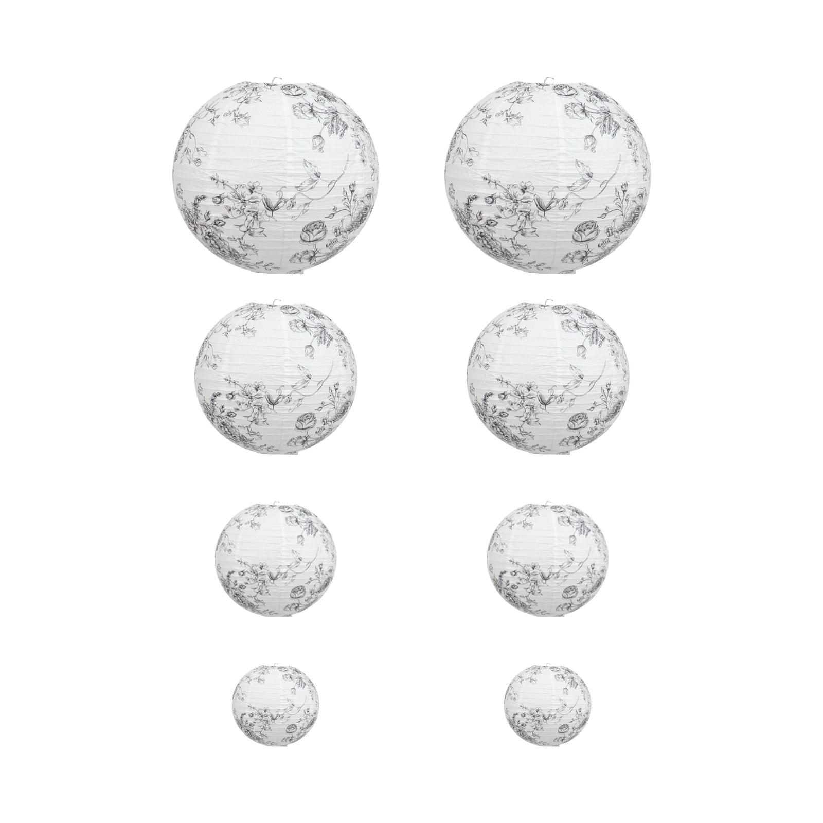White paper lanterns with black floral pattern, set of 8 decorative hanging lanterns.