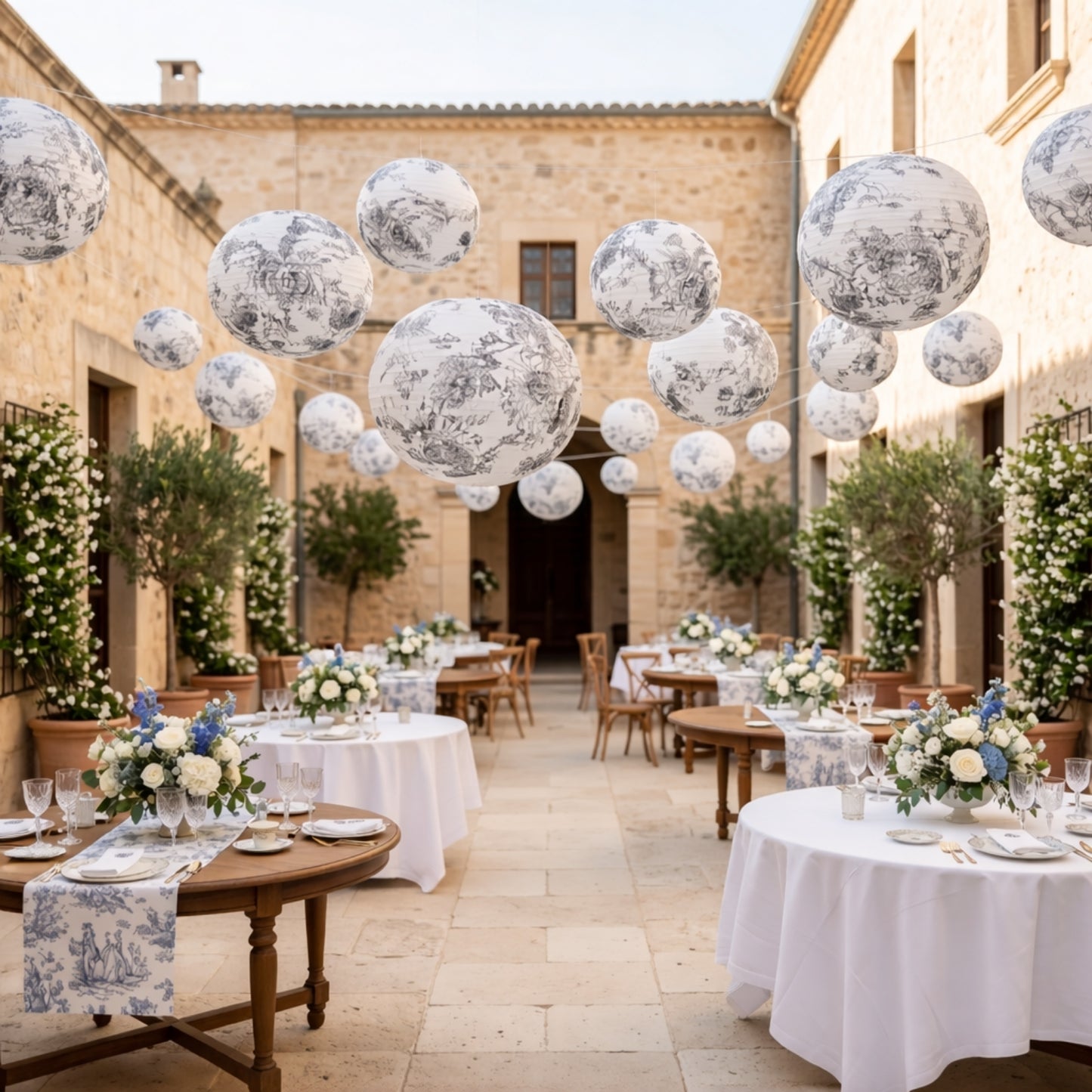 Hanging white paper lanterns with black floral pattern at a decorated venue.