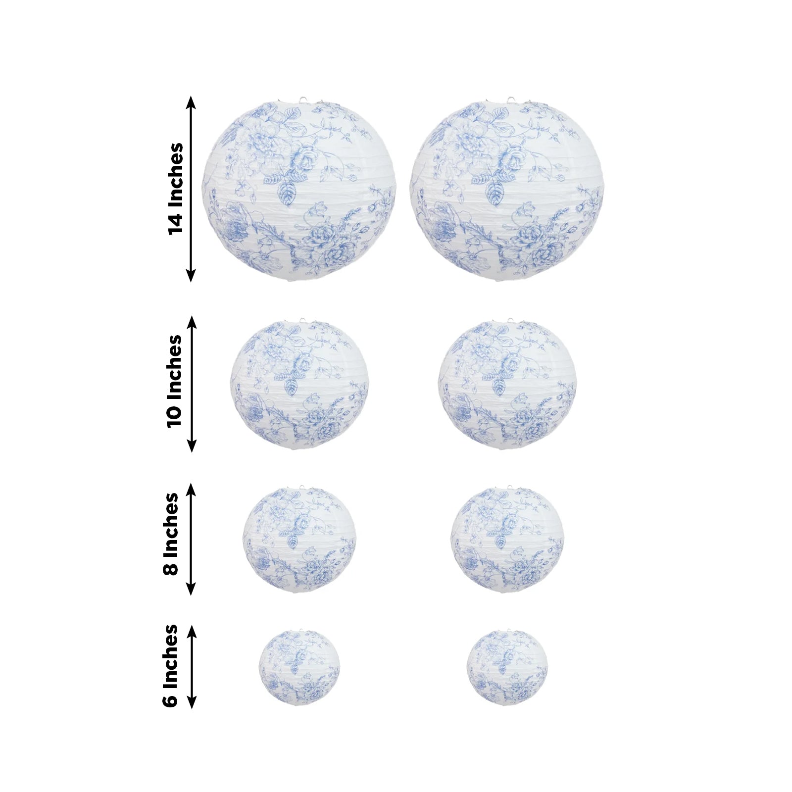 White paper lanterns with blue floral pattern, set of 8 in various sizes.