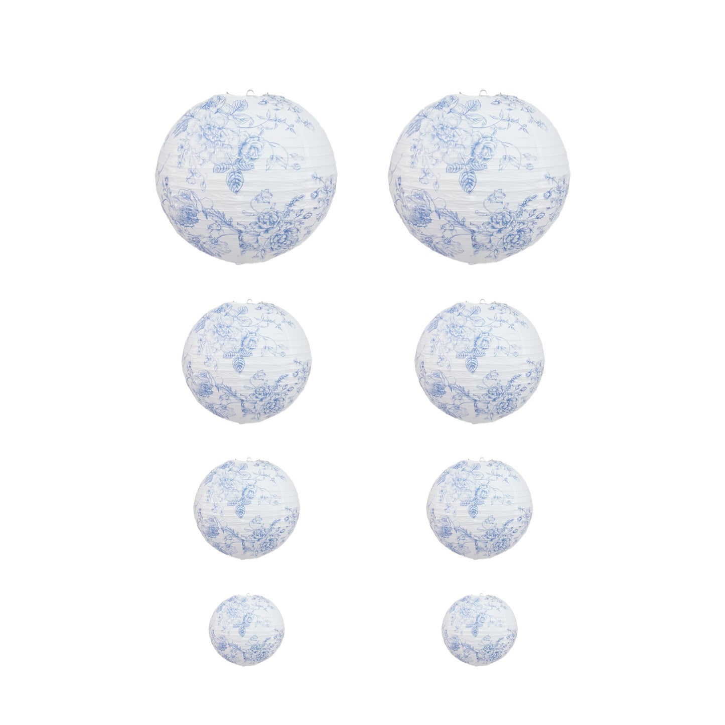 White paper lanterns with blue floral pattern, set of 8.