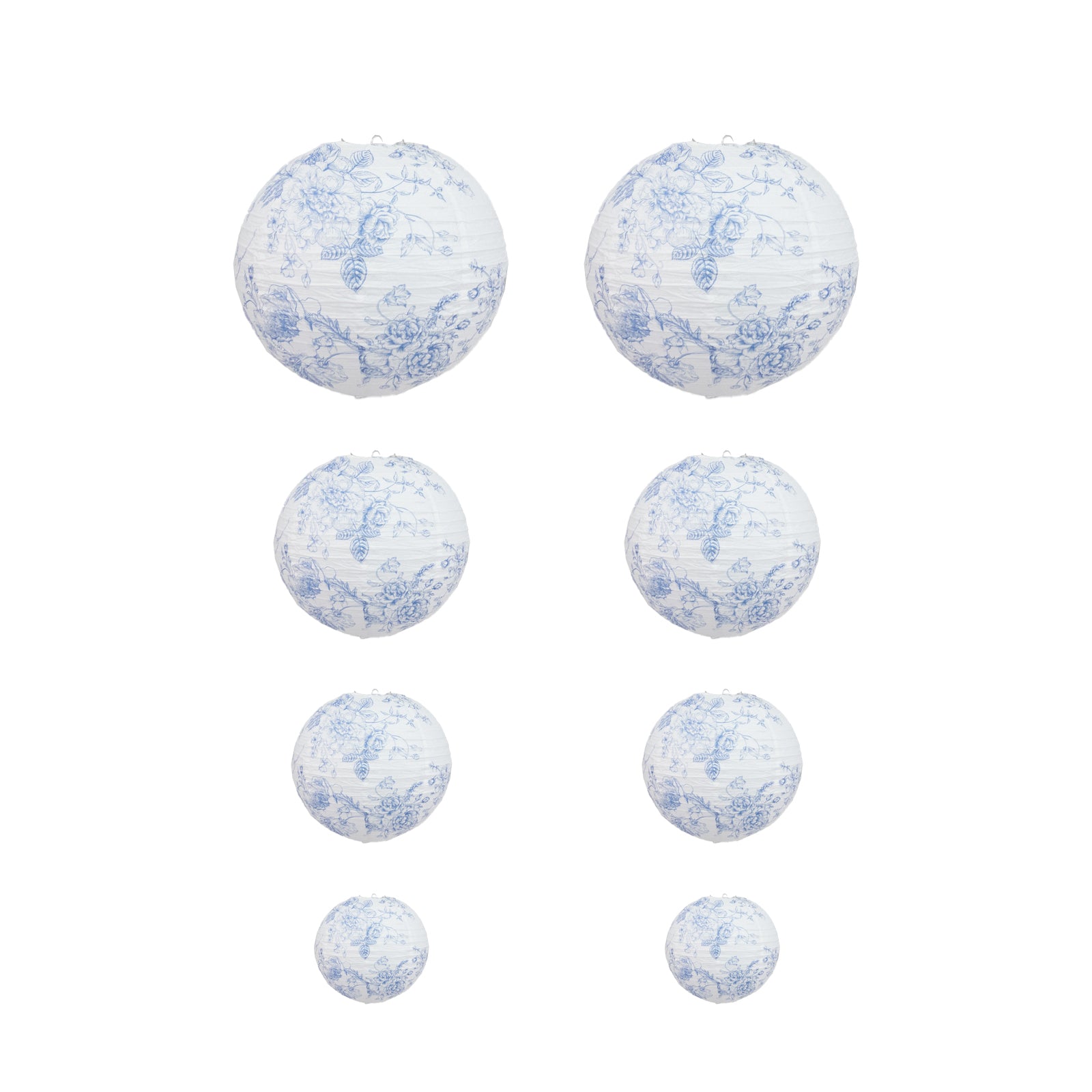 White paper lanterns with blue floral pattern, set of 8.