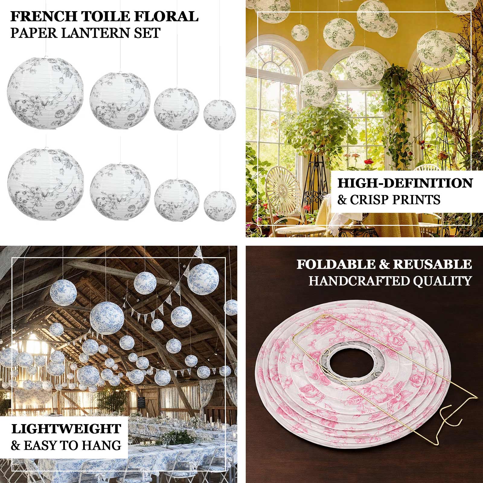 White paper lanterns with blue floral pattern, set of 8, decorative hanging lights.