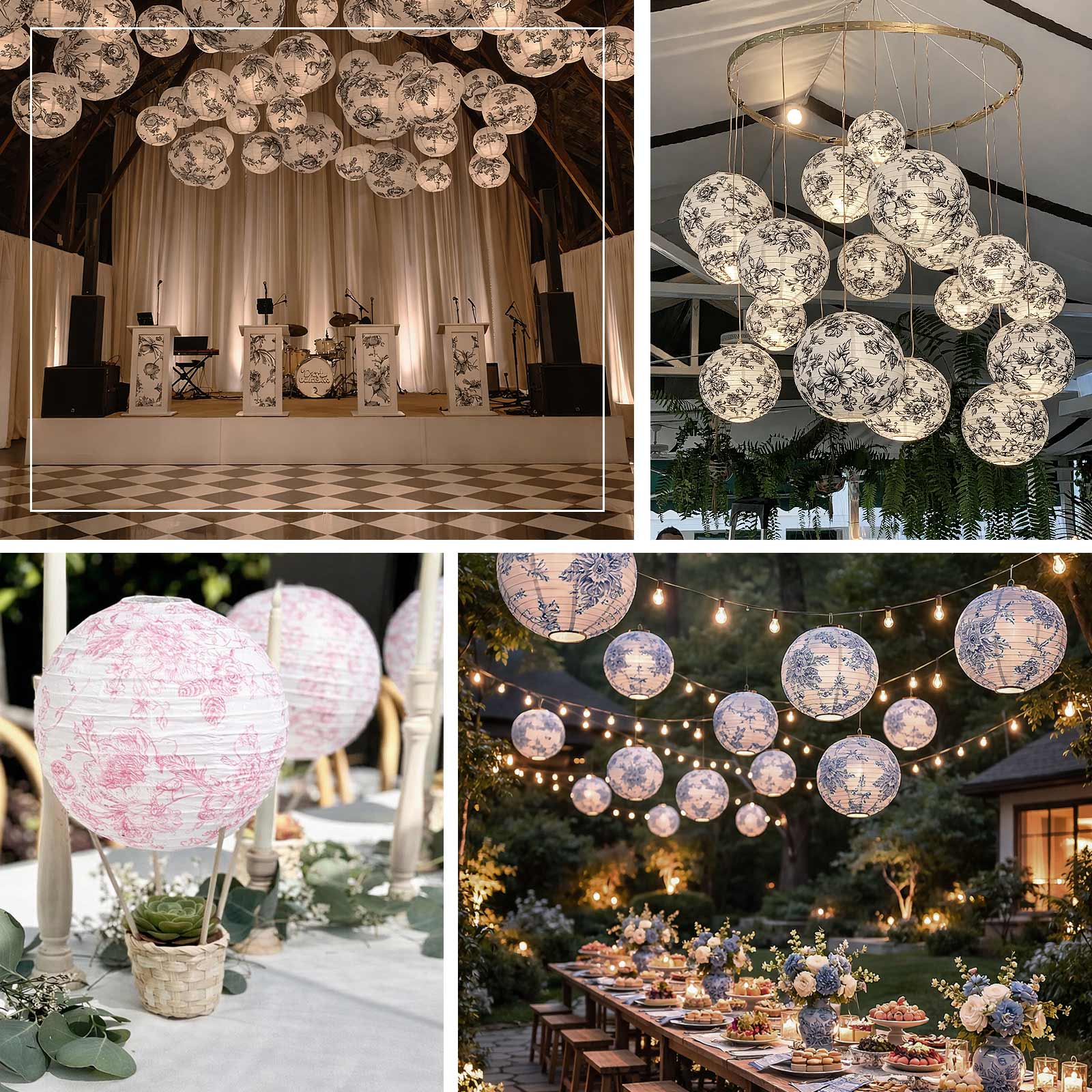 Set of 8 white and blue floral hanging paper lanterns for decoration.