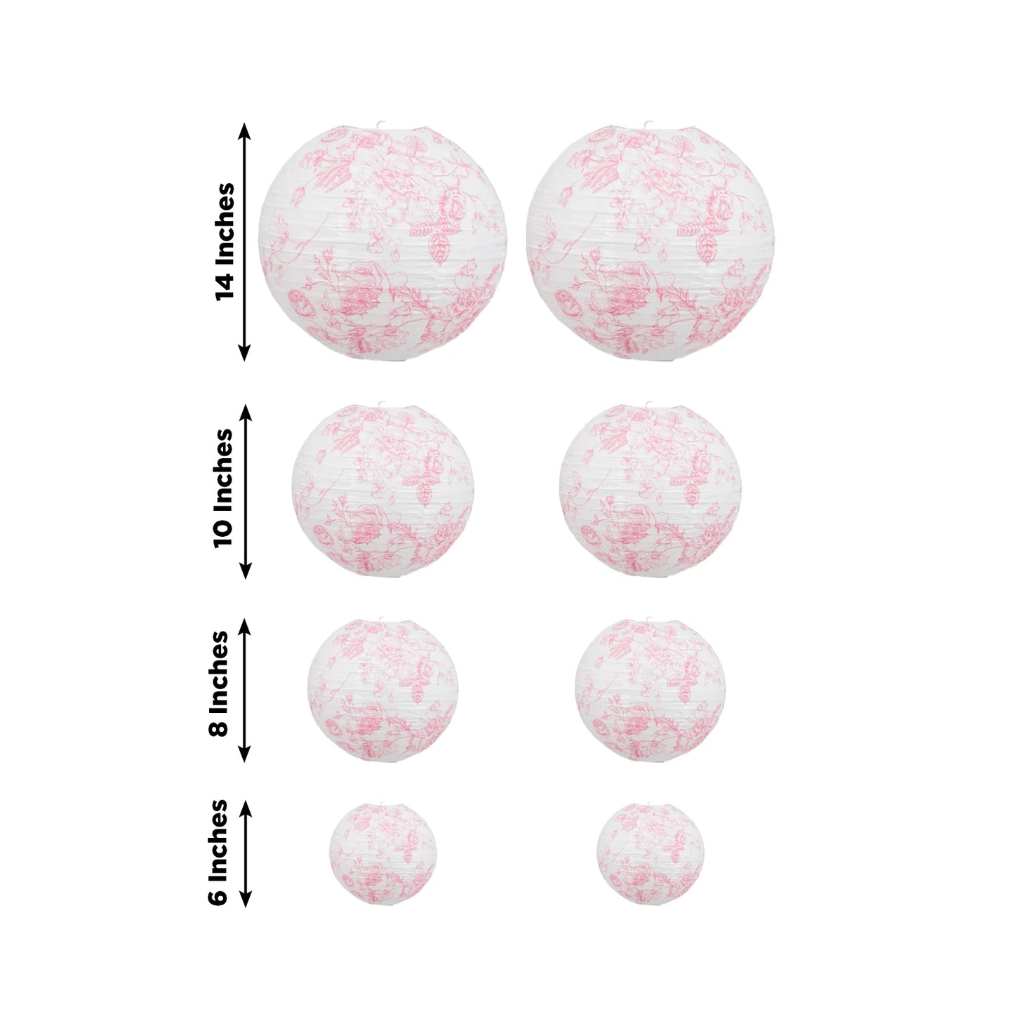 White paper lanterns with pink floral pattern, set of 8 decorative hanging lanterns.