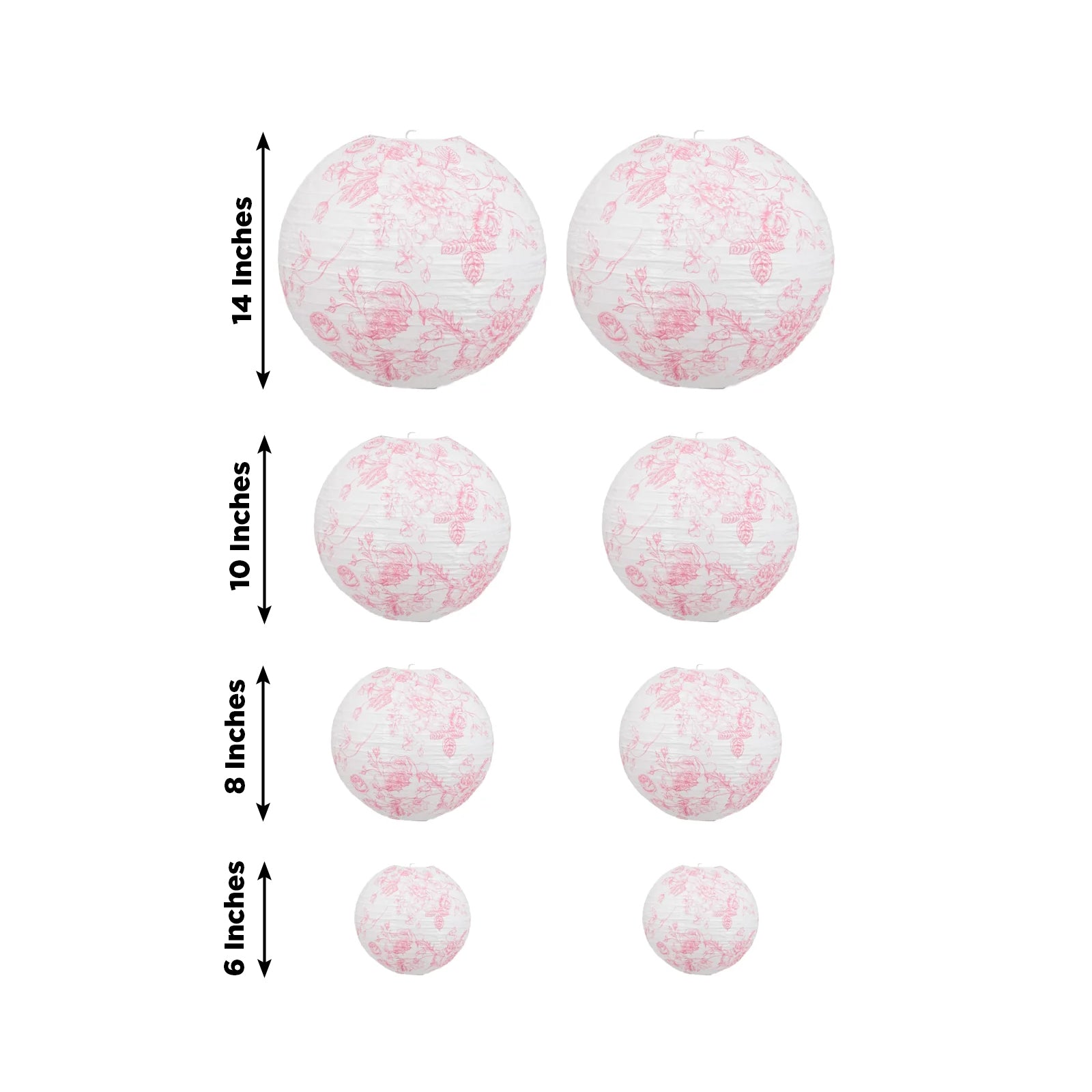 White paper lanterns with pink floral pattern, set of 8 decorative hanging lanterns.