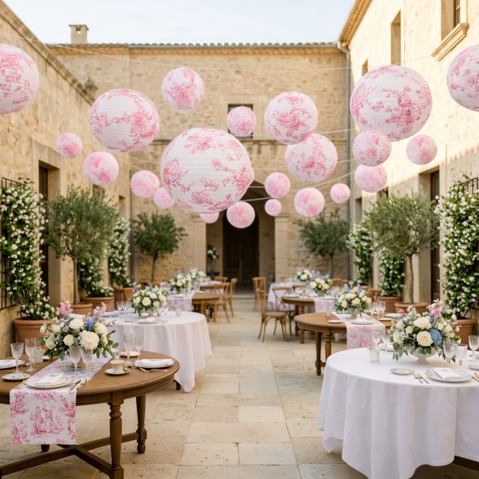 White and pink floral hanging paper lanterns for decorative events.