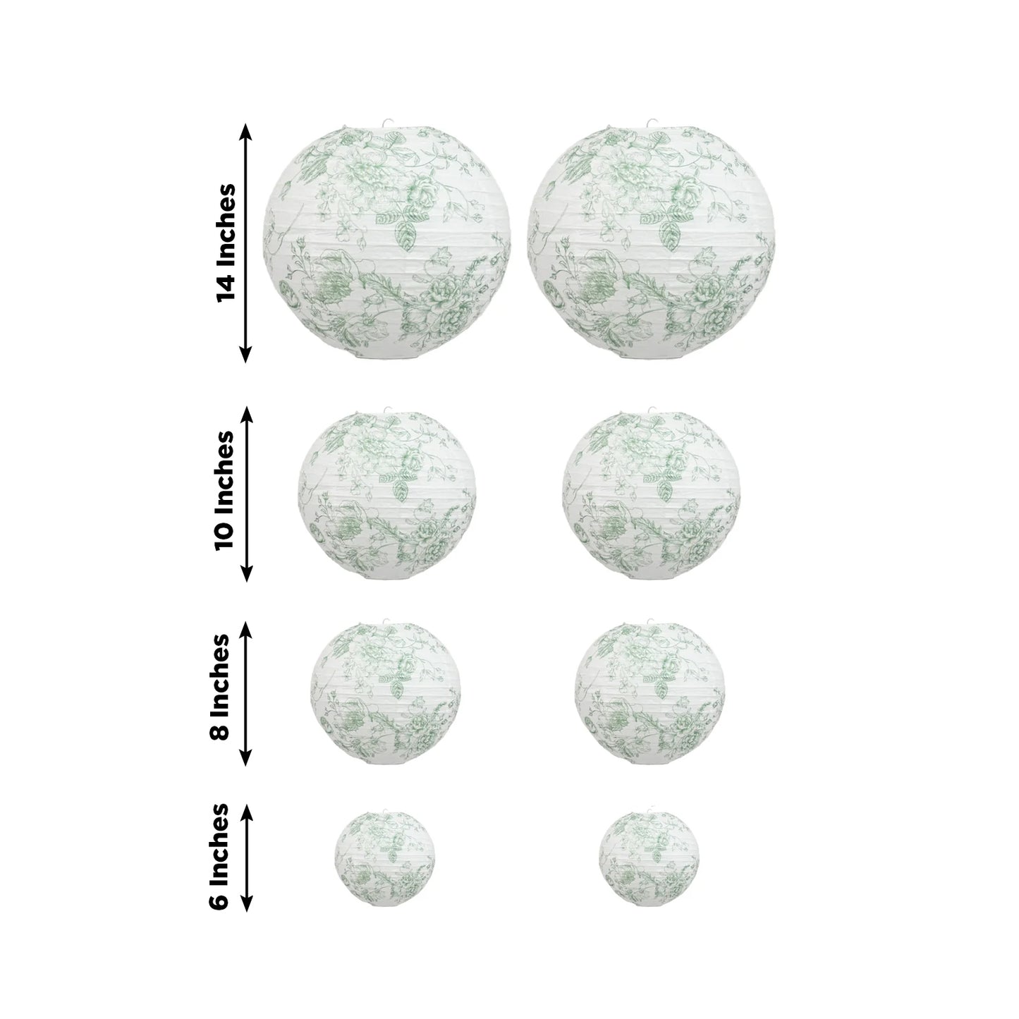 White paper lanterns with sage green floral pattern, set of 8, various sizes.