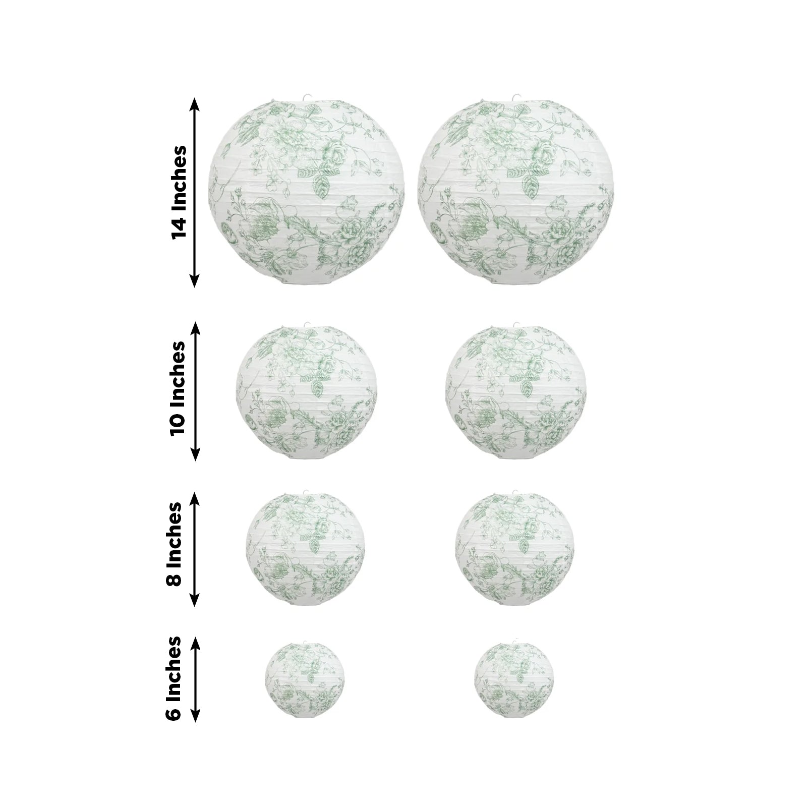 White paper lanterns with sage green floral pattern, set of 8, various sizes.